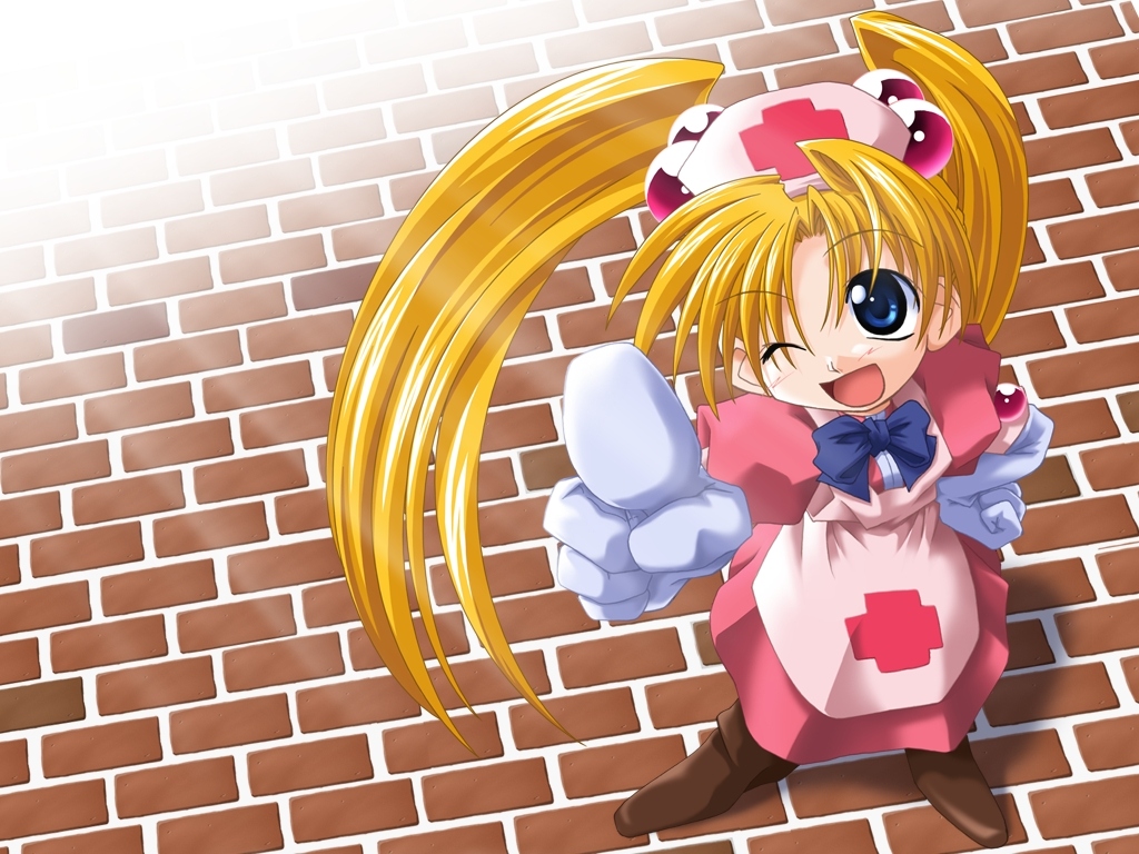 1girl, ;d, blonde hair, blue eyes, brick floor, dress, female focus, gloves, long hair, long sleeves, looking at viewer, nurse, one eye closed, open mouth, pointing, pointing at viewer, pointing up, red dress, smile, solo, very long hair, white gloves