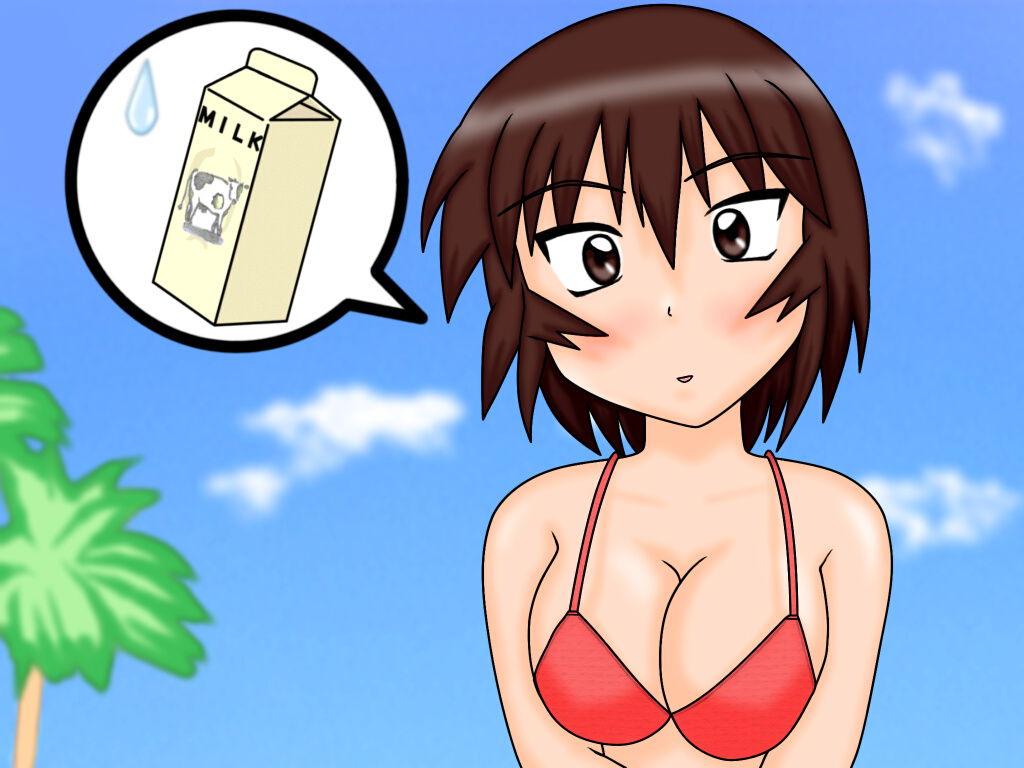kagura, kagura (azumanga daioh), azumanga daiou, 1girl, bikini, brown eyes, brown hair, day, female focus, milk, solo, swimsuit