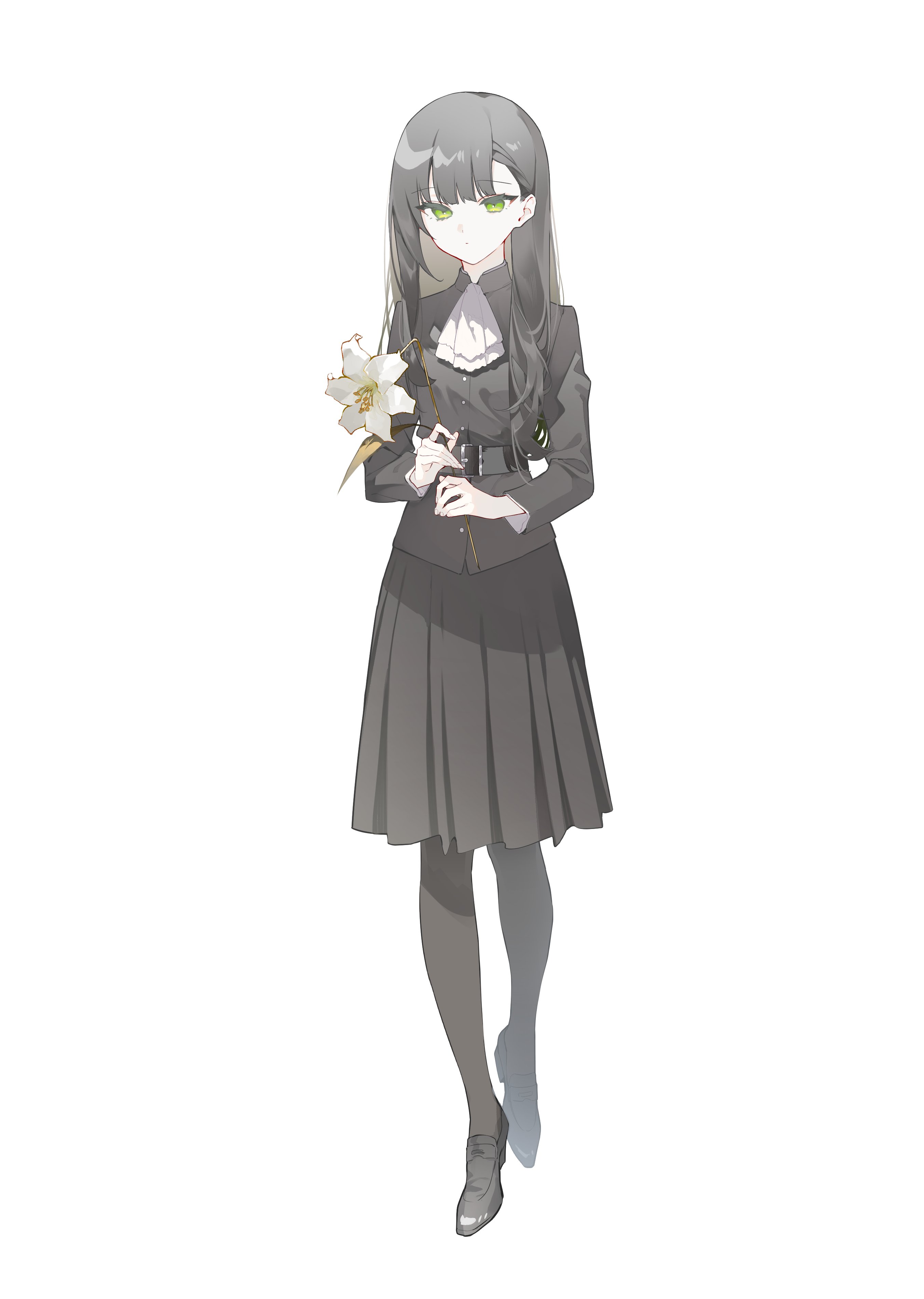 shiozaki shino, original, absurdres, highres, 1girl, ascot, belt, black hair, black jacket, black pantyhose, black shoes, black skirt, flower, full body, green eyes, holding, holding flower, jacket, long hair, long sleeves, pantyhose, shoes, simple background, skirt, solo, standing, white ascot, white background, white flower