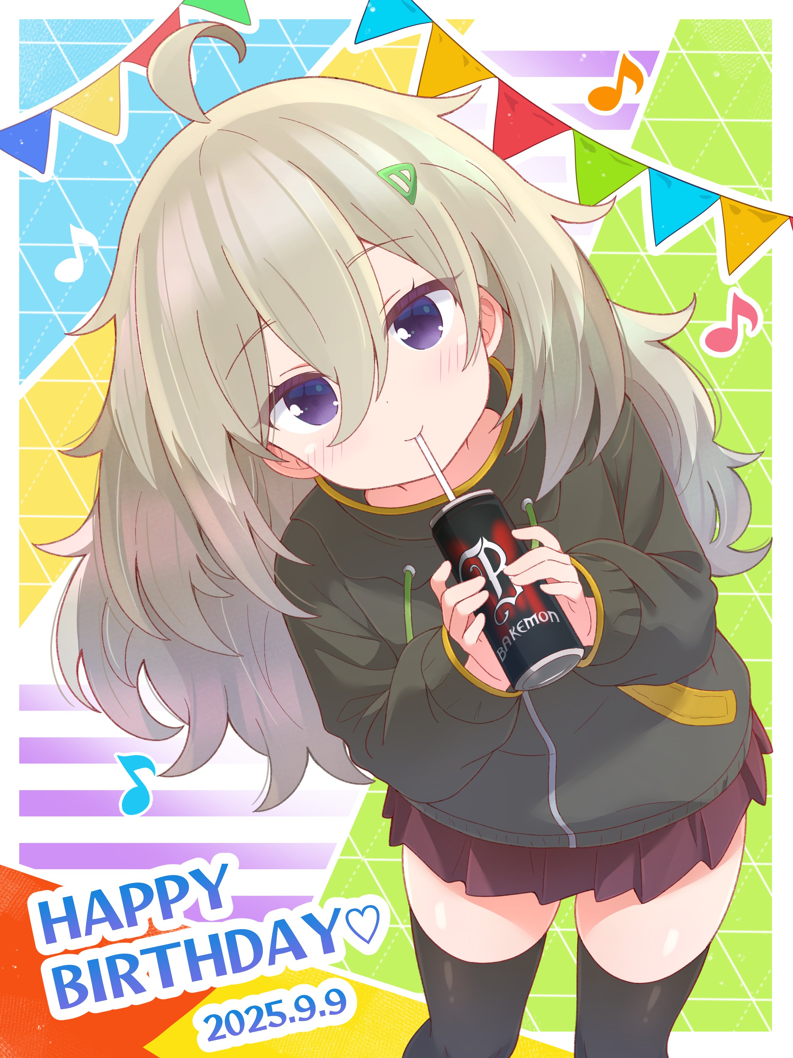 cartelet cocoa, higa tsutsuji, hibi wa sugiredo meshi umashi, absurdres, highres, 1girl, black thighhighs, blush, can, closed mouth, drinking, drinking straw, green jacket, grey hair, hair between eyes, hair ornament, hairclip, happy birthday, holding, holding can, jacket, long hair, long sleeves, looking at viewer, musical note, pleated skirt, purple eyes, skirt, smile, solo, string of flags, thighhighs