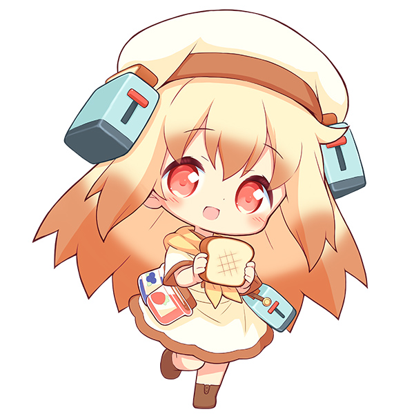 aikei ake, original, commentary request, 1girl, :d, beret, blonde hair, blush, bread, bread slice, brown hair, brown shoes, chibi, chibi only, dot nose, dress, food, full body, gradient hair, hat, holding, holding food, jam, long hair, looking at viewer, multicolored hair, neckerchief, open mouth, personification, pink eyes, shoes, short sleeves, simple background, smile, solo, standing, standing on one leg, toaster, two-tone hair, very long hair, white background, yellow dress, yellow hat, yellow neckerchief