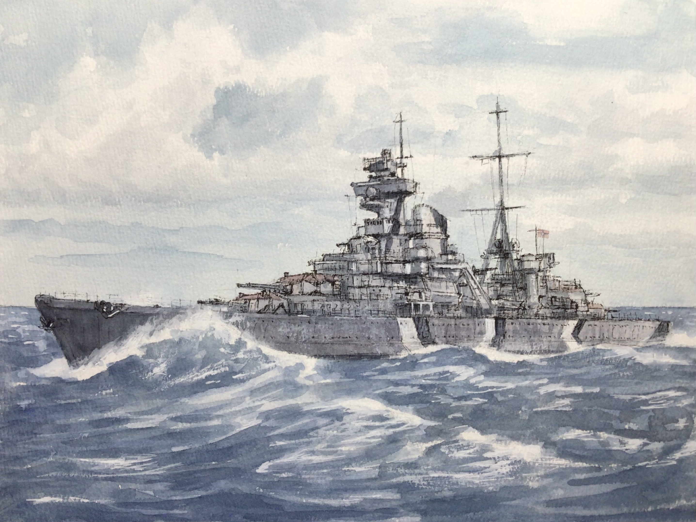 atelier bono, original, commentary request, highres, painting (medium), traditional media, watercolor (medium), cannon, cloud, cloudy sky, cruiser, flag, kriegsmarine, mast, military, military vehicle, nazi war ensign, no humans, ocean, outdoors, prinz eugen (cruiser), sailing, ship, ship turret, sky, smokestack, vehicle focus, warship, watercraft, waves