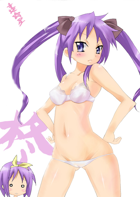 imazon, hiiragi kagami, hiiragi tsukasa, lucky star, 00s, 2girls, bikini, bra, hairband, long hair, lowleg, lowleg panties, multiple girls, panties, purple eyes, purple hair, short hair, sisters, strapless, swimsuit, tsurime, twins, twintails, underwear, underwear only