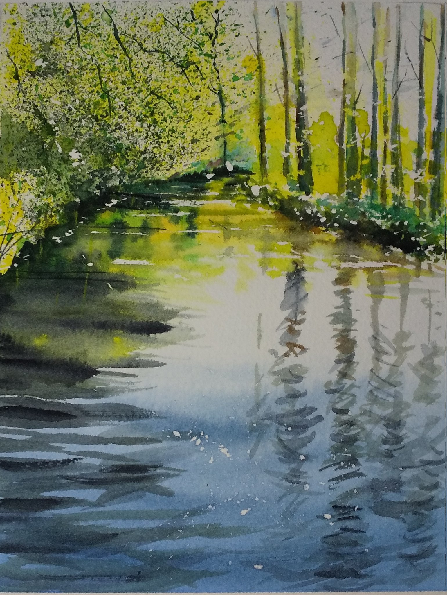 monsisiro411823, original, highres, painting (medium), traditional media, watercolor (medium), bush, dappled sunlight, day, forest, nature, pond, reflection, reflective water, shadow, sunlight, tree, tree shade, water