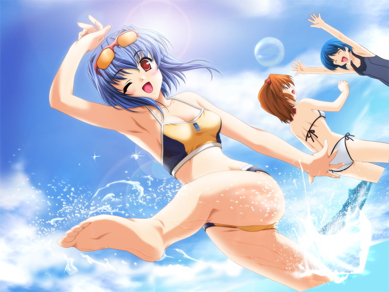 akino takehiko, kataoka tomo, shindou mutsuki, shindou satsuki, mizuiro, game cg, 00s, 3girls, barefoot, bikini, blue hair, brown hair, day, feet, kicking, lens flare, multiple girls, one eye closed, red eyes, short hair, sindo satsuki, sunglasses, swimsuit, tankini, water, wink