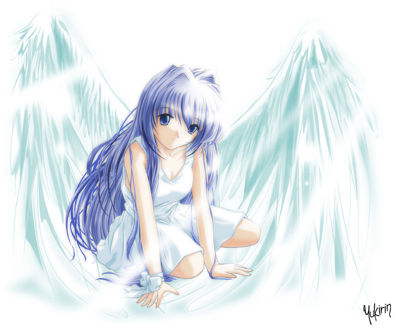 yukirin, minase nayuki, kanon, angel, blue eyes, blue hair, long hair, solo, wings