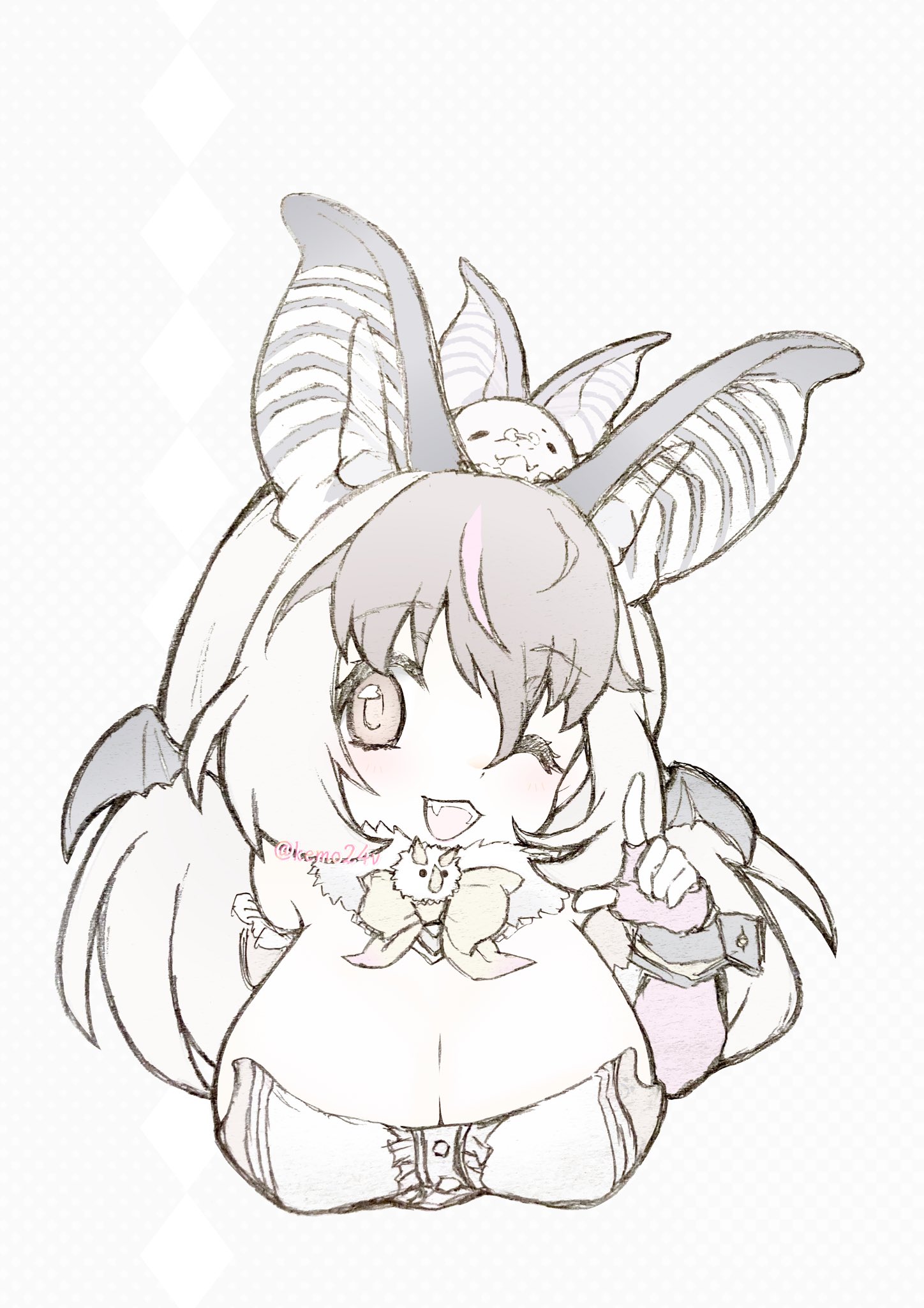 kemo24vv, brown long-eared bat (kemono friends), poporu (kemono friends), kemono friends, kemono friends v project, highres, 1girl, animal, animal ears, bat (animal), bat ears, bat girl, bat wings, breasts, brown hair, cleavage, elbow gloves, extra ears, fingerless gloves, glasses, gloves, grey hair, large breasts, leotard, long hair, looking at viewer, microphone, multicolored hair, one eye closed, simple background, streaked hair, upper body, virtual youtuber, wings
