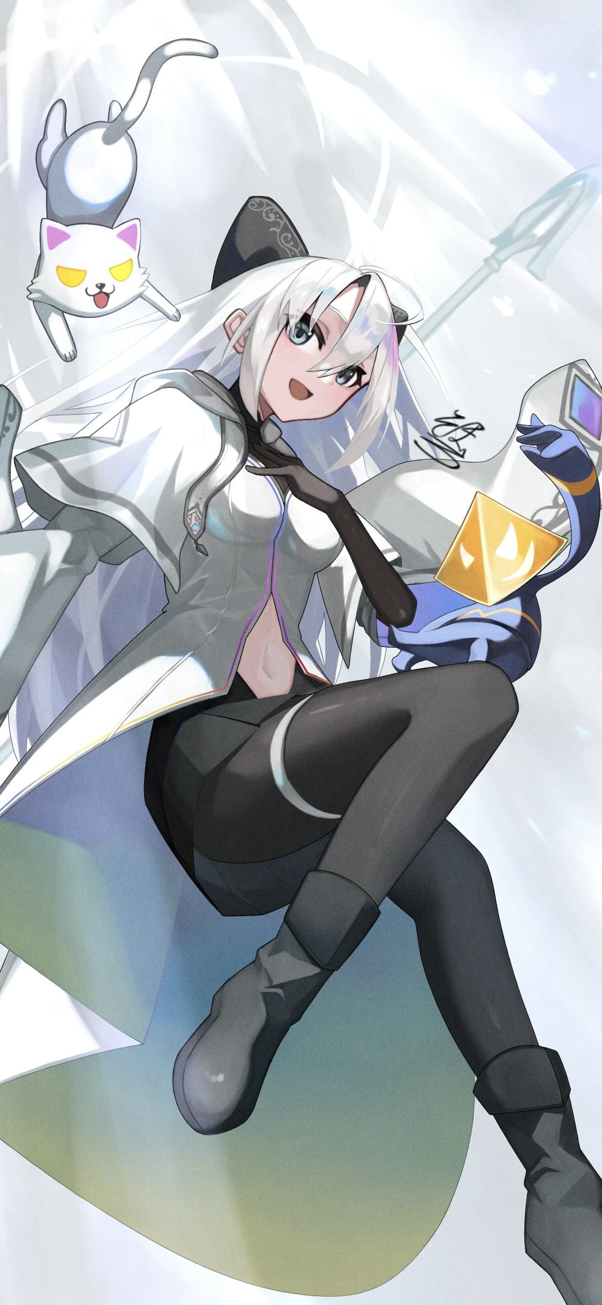 tonari no soboro, kanon (duel masters), duel masters, duel masters play's, absurdres, highres, 1girl, black bow, black pantyhose, bow, cat, dress, grey eyes, hair bow, long hair, looking at viewer, navel, open mouth, pantyhose, signature, white dress, white hair, yellow eyes