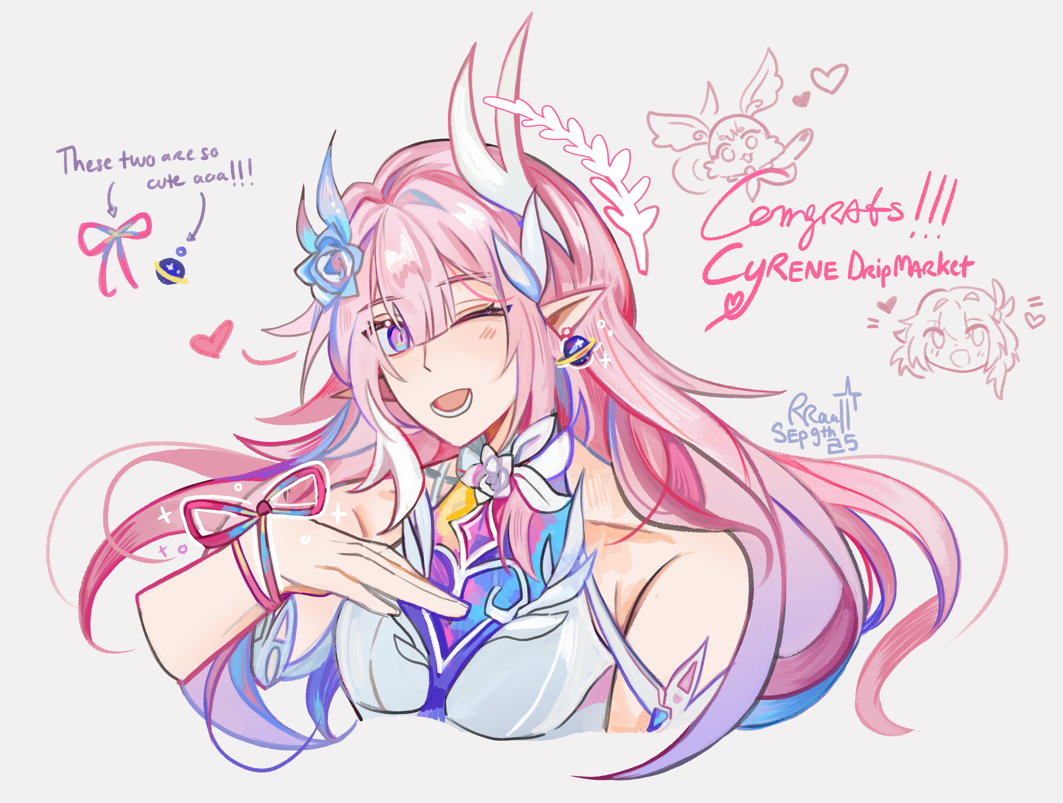 cyrene (honkai: star rail), mem (honkai: star rail), honkai: star rail, honkai (series), absurdres, commentary, english commentary, highres, ;o, breasts, cropped torso, cyrene (aedes elysiae) (honkai: star rail), cyrene (ripples of past reverie) (honkai: star rail), diamond-shaped pupils, diamond (shape), dress, earrings, elf, english text, flower, hair flower, hair ornament, halo, hand on own chest, jewelry, large breasts, long hair, mobius strip, multicolored hair, one eye closed, pink hair, pointy ears, purple eyes, shiii rra11, symbol-shaped pupils, two-tone hair, very long hair, white dress, white hair