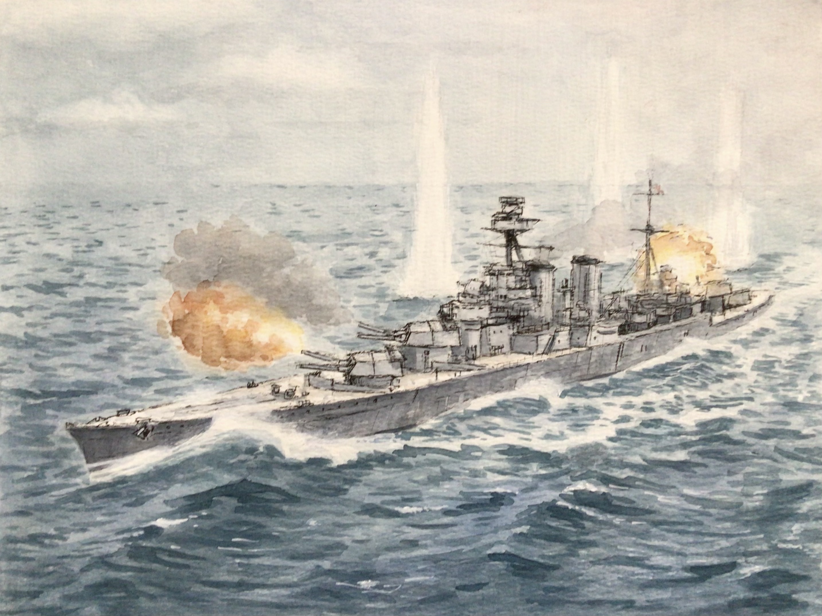 atelier bono, hms hood, original, commentary request, highres, painting (medium), traditional media, watercolor (medium), battlecruiser, cannon, cloud, cloudy sky, firing, flag, mast, military, military vehicle, no humans, ocean, outdoors, royal navy, sailing, ship, ship turret, sky, smoke, smokestack, under fire, vehicle focus, warship, watercraft, waves, white ensign, world war ii