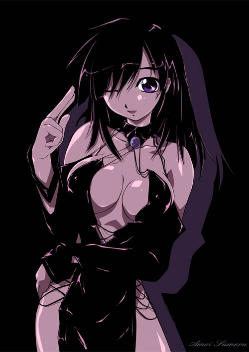 amei sumeru, original, 1girl, black hair, breasts, center opening, choker, cleavage, covered erect nipples, detached sleeves, female focus, latex, one eye closed, pelvic curtain, purple eyes, shadow, solo, wink