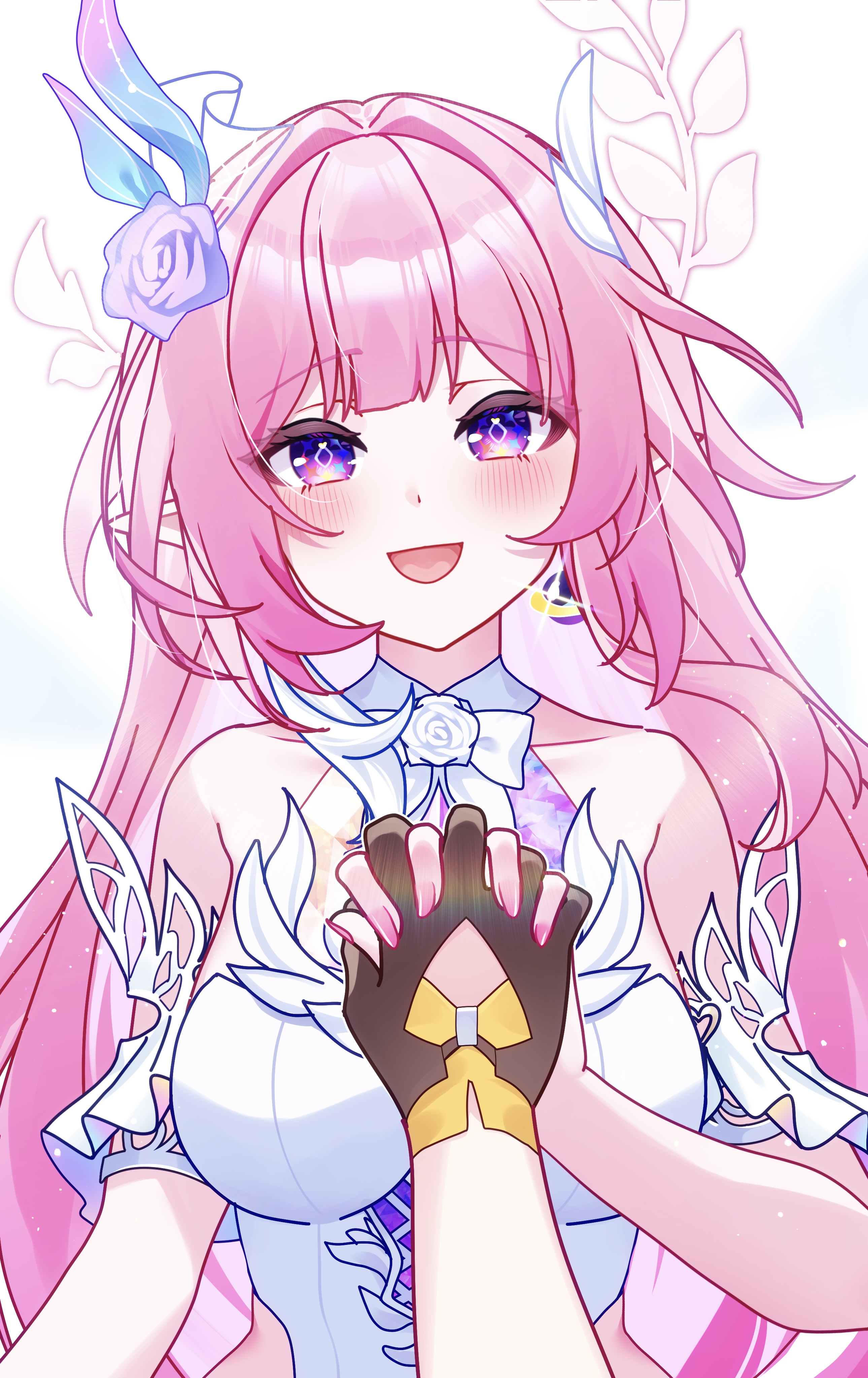 nekoto 728, cyrene (honkai: star rail), stelle (honkai: star rail), trailblazer (honkai: star rail), honkai: star rail, honkai (series), absurdres, commentary request, highres, 2girls, bare shoulders, black gloves, breasts, cyrene (ripples of past reverie) (honkai: star rail), diamond-shaped pupils, diamond (shape), dress, earrings, female pov, gloves, halo, jewelry, large breasts, long hair, multiple girls, open mouth, pink hair, pointy ears, pov, pov hands, purple eyes, simple background, smile, symbol-shaped pupils, very long hair, white background, white dress