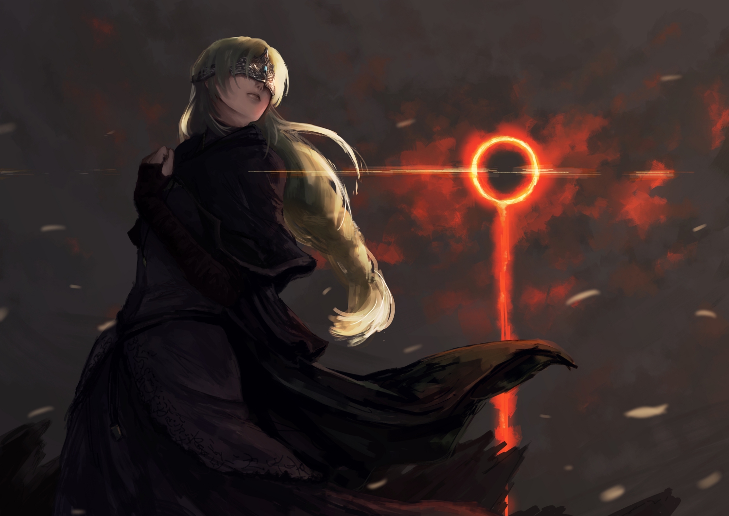 mero (hope7518), fire keeper, dark souls (series), dark souls i, 1girl, black dress, blindfold, blonde hair, capelet, cloak, closed mouth, covered eyes, dress, eye mask, jewelry, long hair, mask, necklace, solo