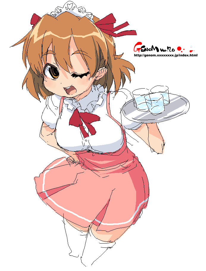 onija tarou, 1girl, brown eyes, brown hair, female focus, hair ribbon, maid, oekaki, one eye closed, ribbon, short hair, solo, thighhighs, wink