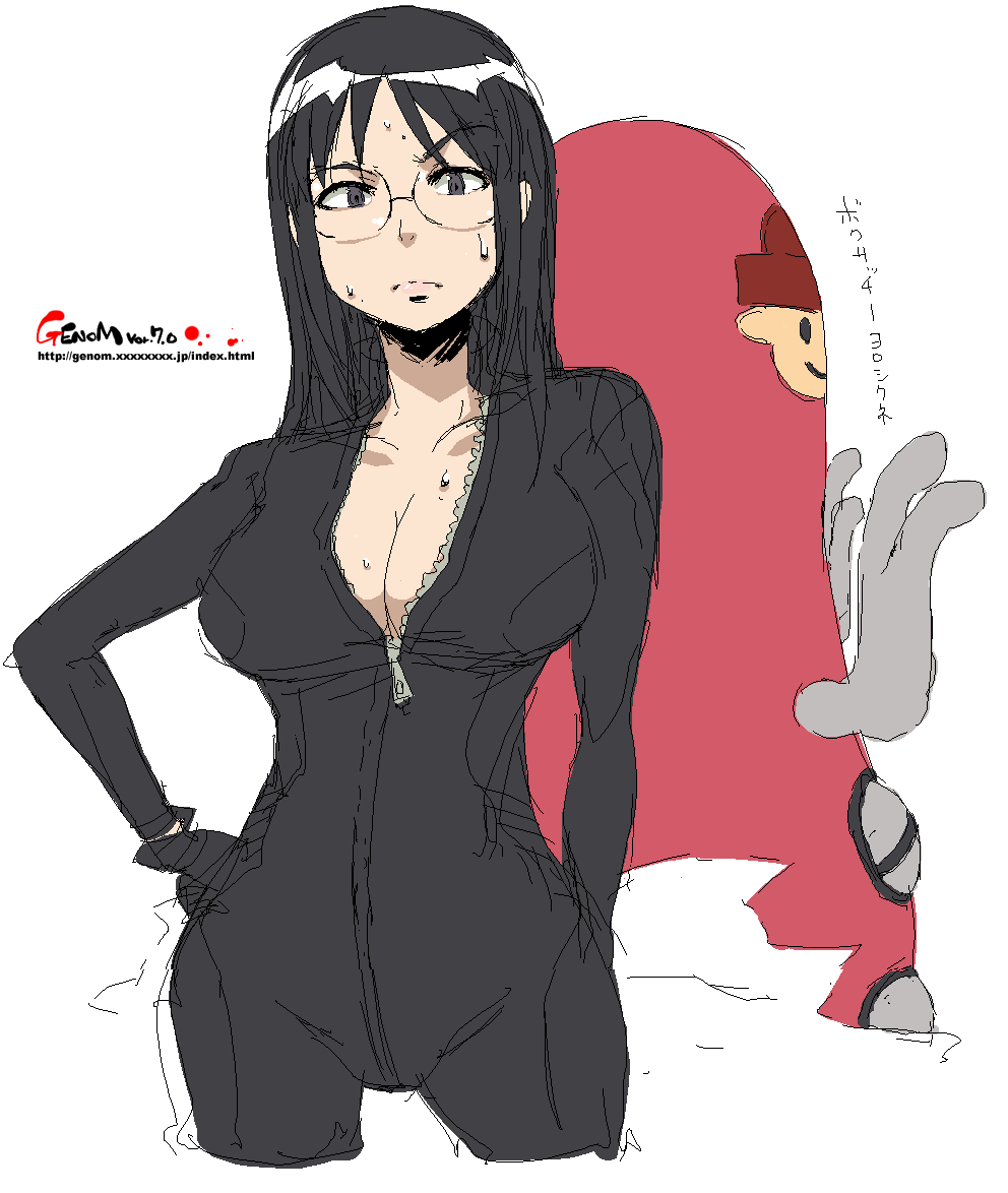 onija tarou, harakawa tamako, searchmaton (dennou coil), dennou coil, translated, 00s, 1girl, biker clothes, bikesuit, black hair, bodysuit, breasts, brown eyes, cleavage, female focus, glasses, large breasts, long hair, oekaki, solo