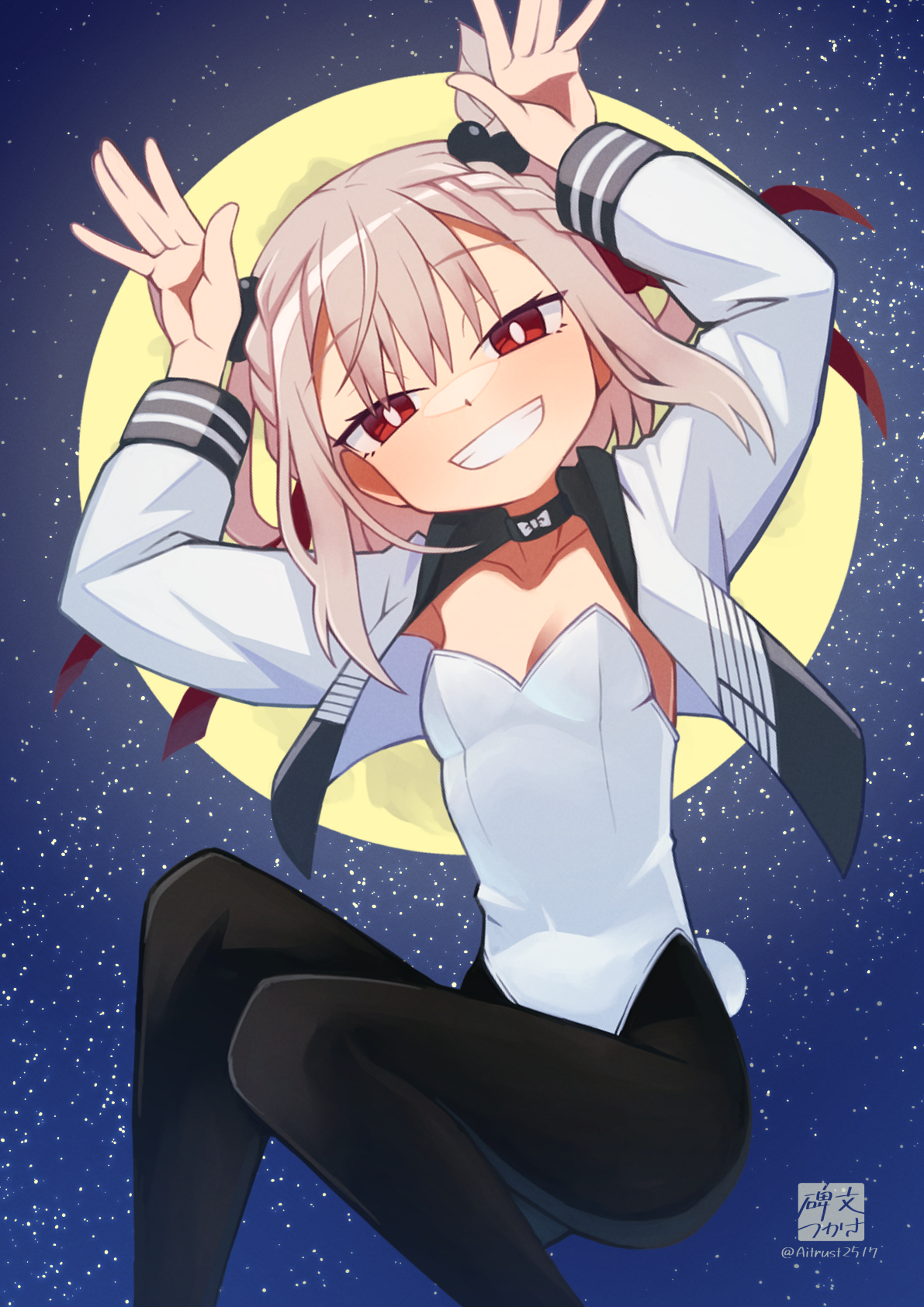 hibun tsukasa, shiratama utano, univirtual, highres, 1girl, arms up, black choker, black pantyhose, blonde hair, blush, bow, braid, breasts, choker, full moon, jacket, leotard, long hair, looking at viewer, medium breasts, moon, open clothes, open jacket, pantyhose, playboy bunny, rabbit pose, rabbit tail, red bow, red eyes, sky, smile, solo, star (sky), starry sky, strapless, strapless leotard, tail, virtual youtuber, white jacket, white leotard