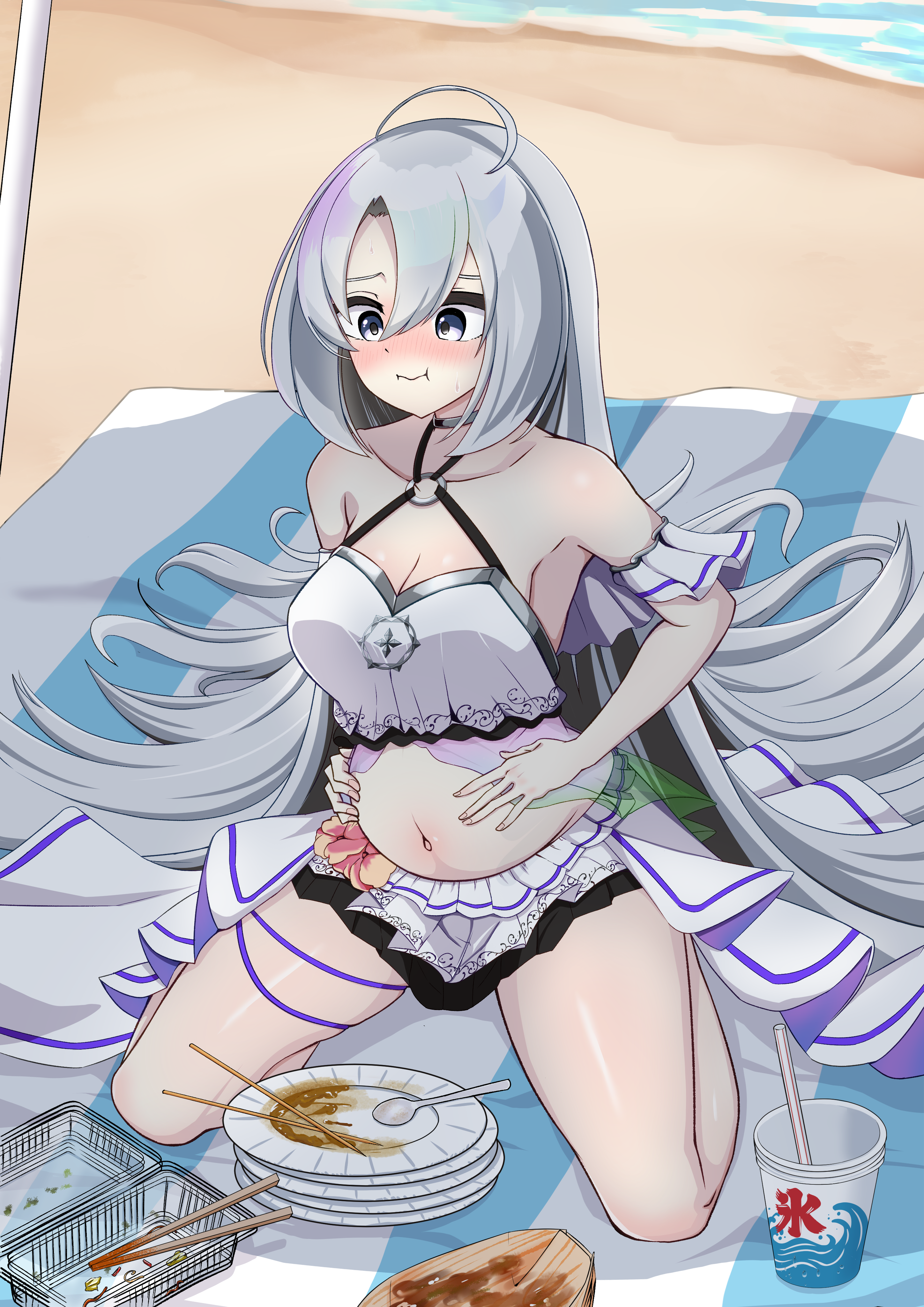 kanon (duel masters), duel masters, duel masters play's, absurdres, commission, highres, skeb commission, 1girl, bare shoulders, big belly, bloated, blue eyes, blush, breasts, chopsticks, closed eyes, collarbone, cup, disposable cup, eating, empty plate, food, grey hair, holding belly, long hair, medium breasts, plate, pvcw5482, solo, swimsuit, towel, tray, very long hair