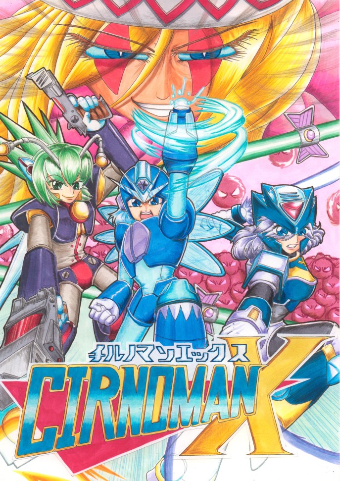 baronted, axl (mega man), cirno, letty whiterock, lily white, sigma (mega man), wriggle nightbug, x (mega man), zero (mega man), capcom, mega man (series), mega man x (series), touhou, 4girls, antennae, blonde hair, blue eyes, blue hair, cosplay, crossover, female focus, green eyes, green hair, ice, multiple girls, purple hair, team 9 (touhou)