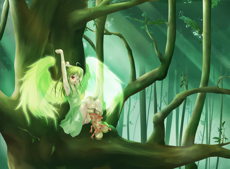 taicho128, original, ahoge, forest, green hair, nature, red eyes, solo, wings, yawning