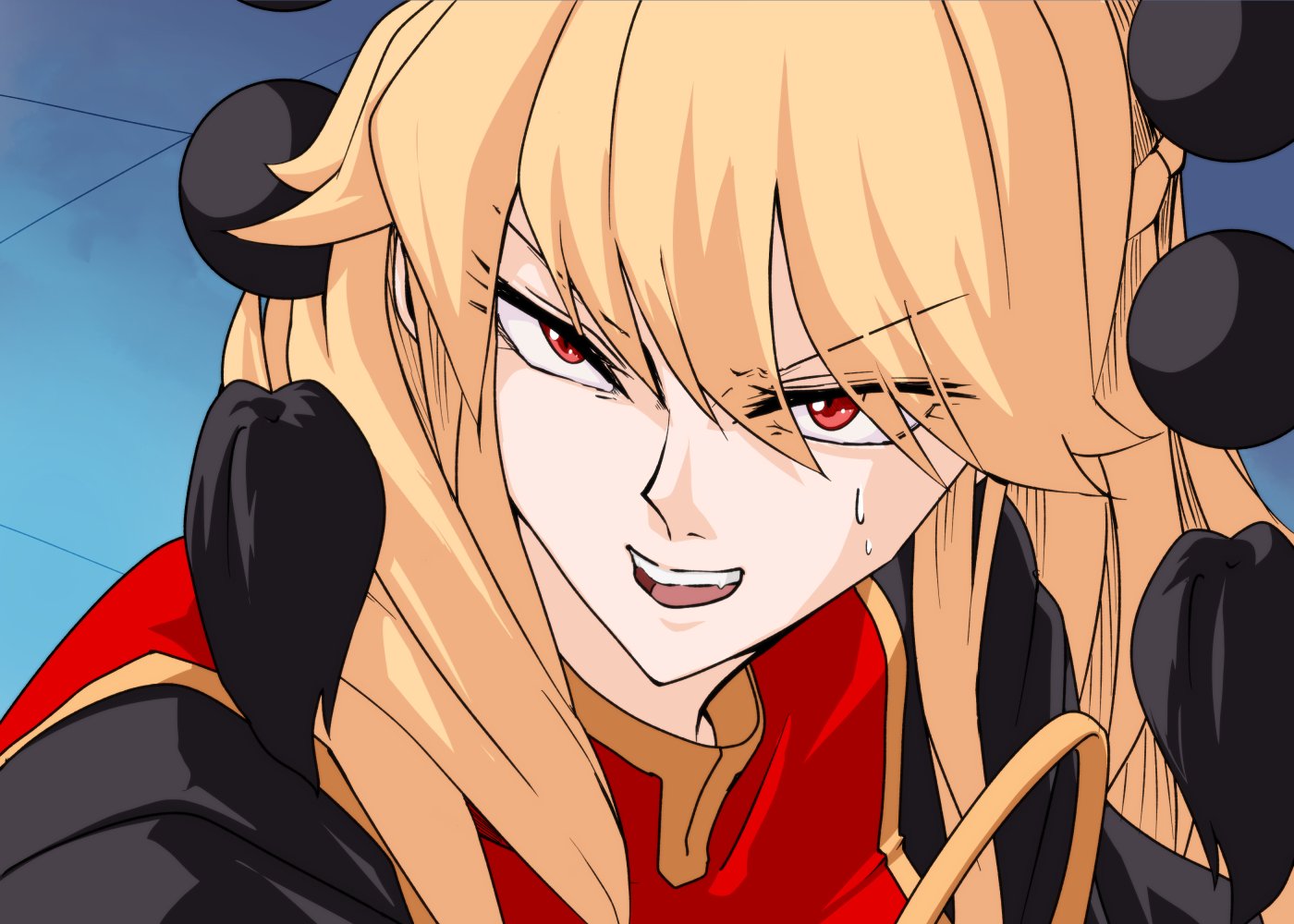 kikoka (mizuumi), junko (touhou), bishoujo senshi sailor moon, touhou, 1girl, blonde hair, chinese clothes, long hair, looking to the side, meme, open mouth, pom pom (clothes), red eyes, sailor moon redraw challenge (meme), solo, teeth, upper teeth only
