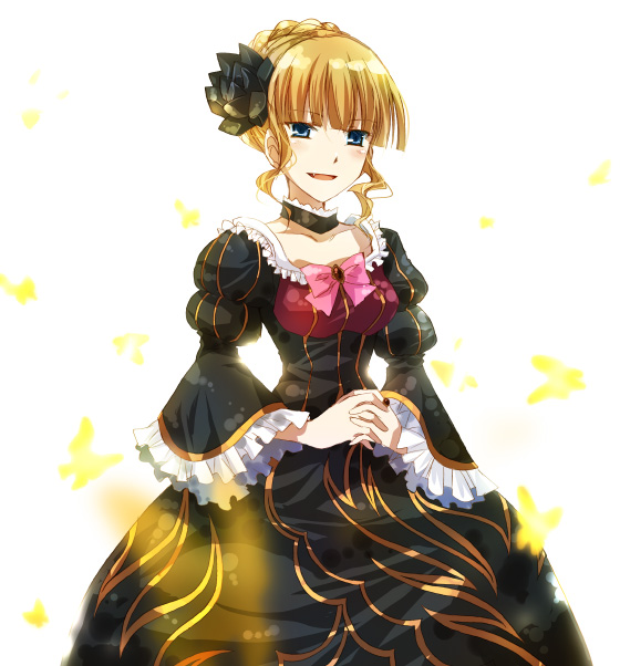 suzushiro kurumi, beatrice (umineko), umineko no naku koro ni, 00s, 1girl, bell line gown, black dress, blonde hair, blue eyes, bow, choker, dress, fang, female focus, frills, gown, interlocked fingers, leotard, open mouth, puffy sleeves, ribbon, short hair, smile, solo, white background