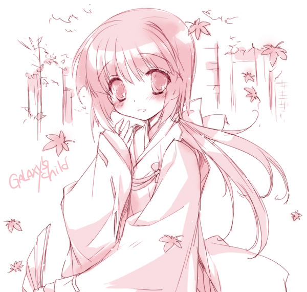 gotou nao, original, 1girl, female focus, gota nao, japanese clothes, miko, monochrome, pink theme, sketch, solo