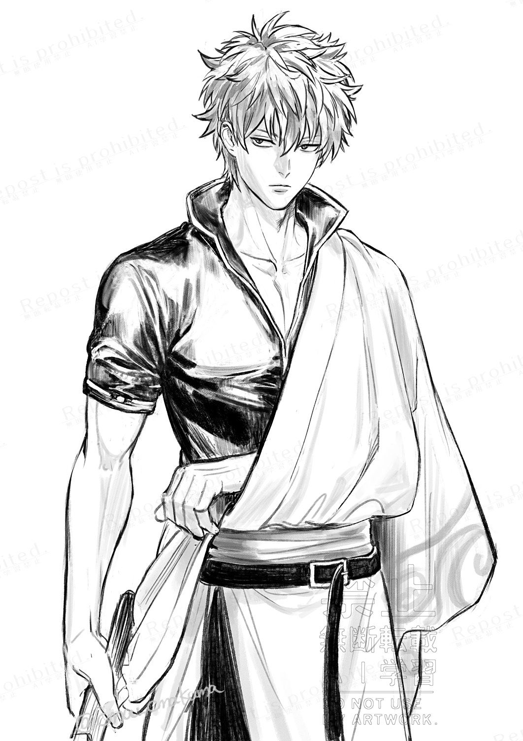 cma cmakuma, sakata gintoki, gintama, commentary request, highres, 1boy, belt, bokken, closed mouth, collarbone, cowboy shot, greyscale, hadanugi dousa, hair between eyes, holding, holding sword, holding weapon, japanese clothes, kimono, long sleeves, looking to the side, male focus, messy hair, monochrome, open clothes, open kimono, pectoral cleavage, pectorals, popped collar, shirt, short hair, short sleeves, solo, sword, toned, toned male, weapon, white background, wide sleeves, wooden sword
