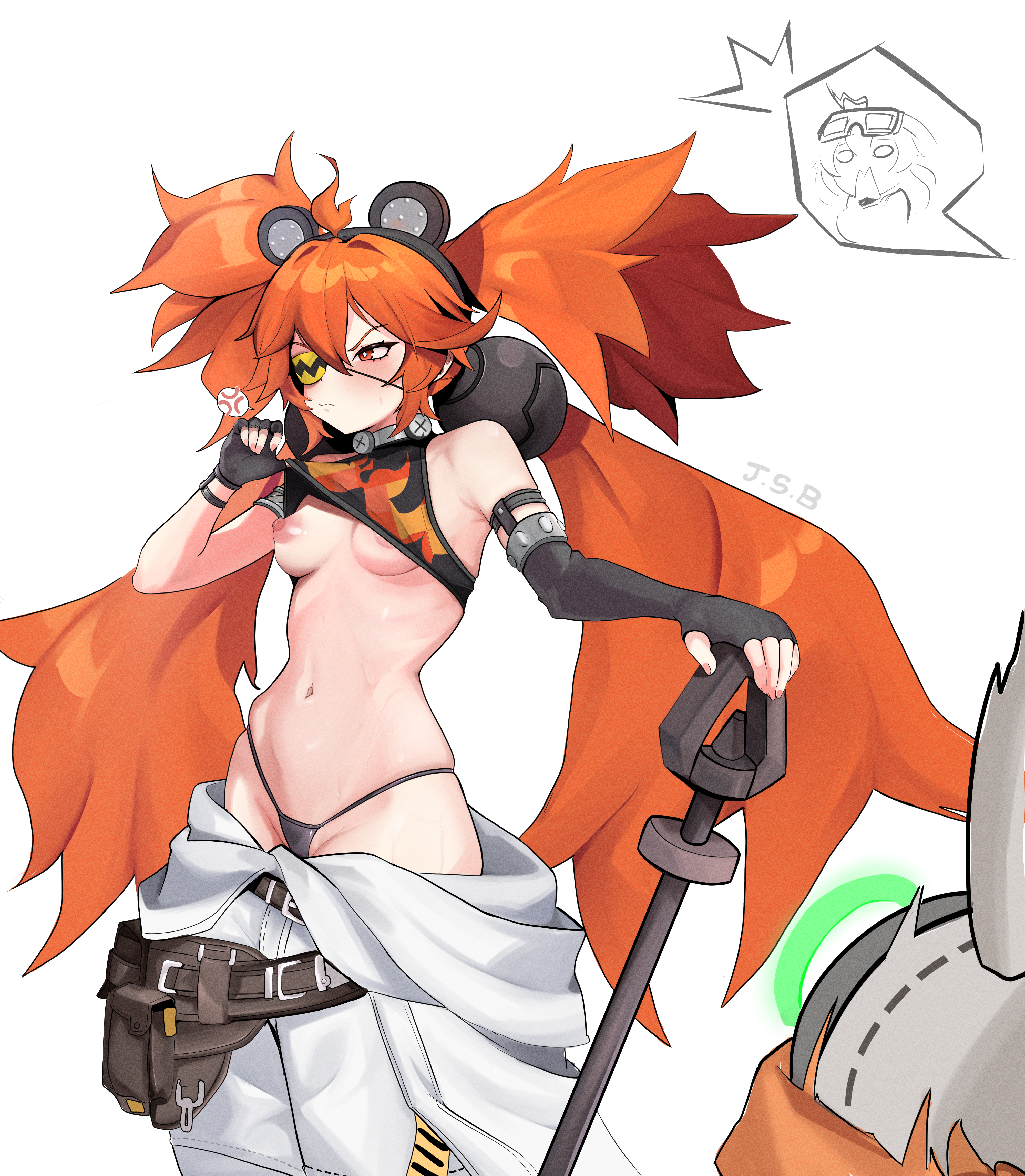 eous (zenless zone zero), grace howard, koleda belobog, zenless zone zero, absurdres, commentary, english commentary, highres, 2girls, belt, belt pouch, black gloves, black panties, blush, breasts, brown belt, closed mouth, clothes lift, cropped legs, eyepatch, fingernails, frown, gloves, goggles, goggles on head, holding, holding weapon, justasillybell, lifting own clothes, long hair, multiple girls, navel, nipples, no bra, open mouth, panties, pouch, red eyes, red hair, robot, shirt lift, simple background, small breasts, standing, stomach, sweat, twintails, underwear, undressing, very long hair, weapon, white background