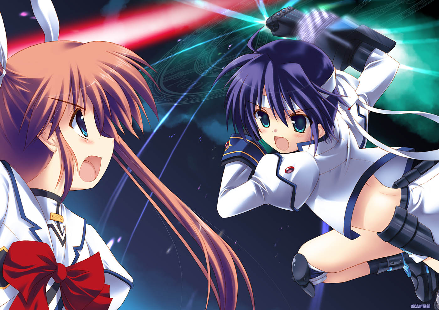 kouzuki hajime, mach caliber, revolver knuckle, subaru nakajima, takamachi nanoha, lyrical nanoha, mahou shoujo lyrical nanoha, mahou shoujo lyrical nanoha strikers, 00s, 2girls, inline skates, multiple girls, roller skates, skates