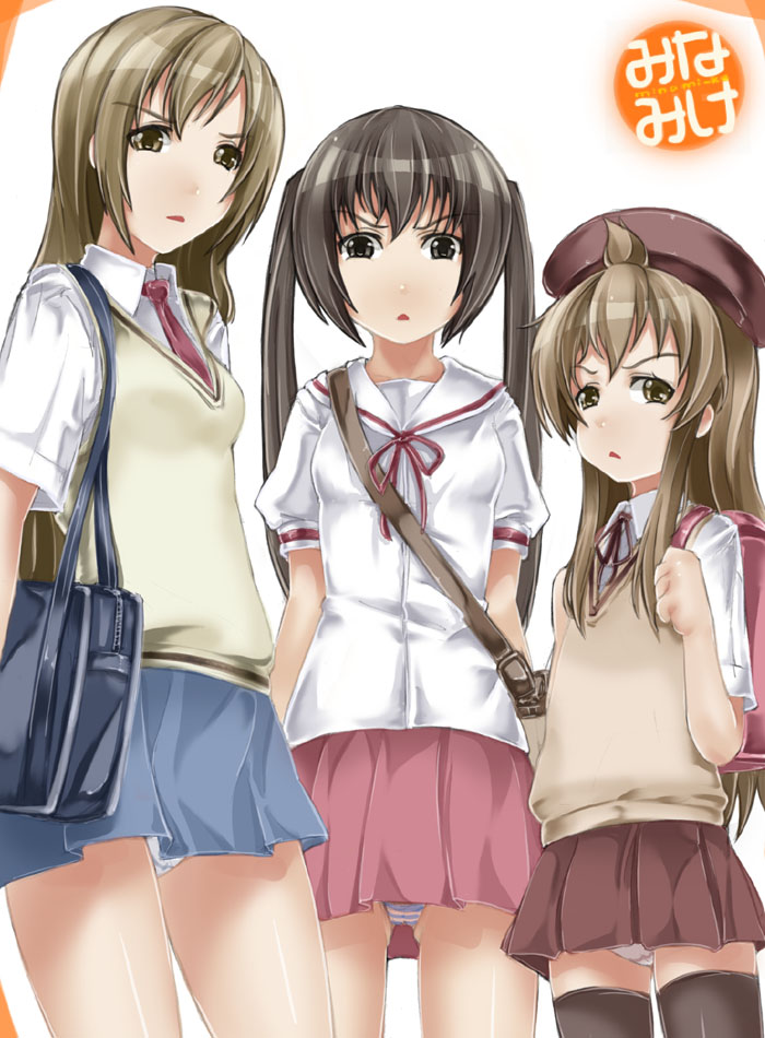 abubu, minami chiaki, minami haruka, minami kana, minami-ke, 00s, 3girls, :<, ahoge, brown eyes, brown hair, hat, long hair, multiple girls, panties, siblings, sisters, striped clothes, striped panties, thighhighs, triangle mouth, twintails, underwear