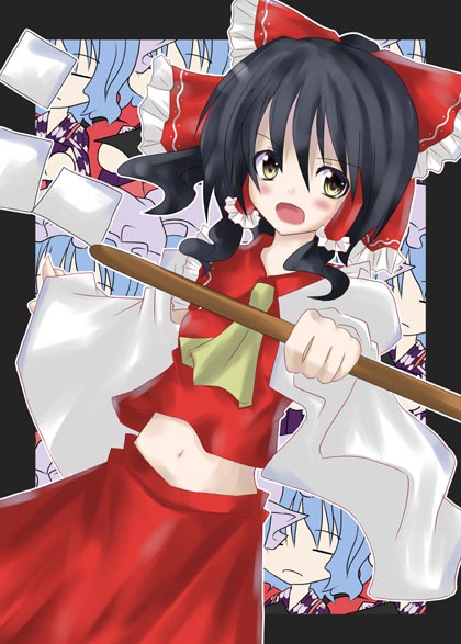 miwa maku, hakurei reimu, touhou, 1girl, :d, ascot, black hair, blush, breasts, brown eyes, cowboy shot, dutch angle, female focus, frills, gohei, hair tubes, holding, looking at viewer, midriff, navel, open mouth, red skirt, ribbon-trimmed sleeves, ribbon trim, sidelocks, skirt, small breasts, smile, solo, stick, stomach, vest