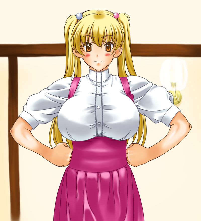 kamia (not found), matsuoka kiyone, anna miller, original, 1girl, blonde hair, blush, breasts, female focus, hands on own hips, huge breasts, large breasts, long hair, looking at viewer, orange eyes, solo, twintails, waitress
