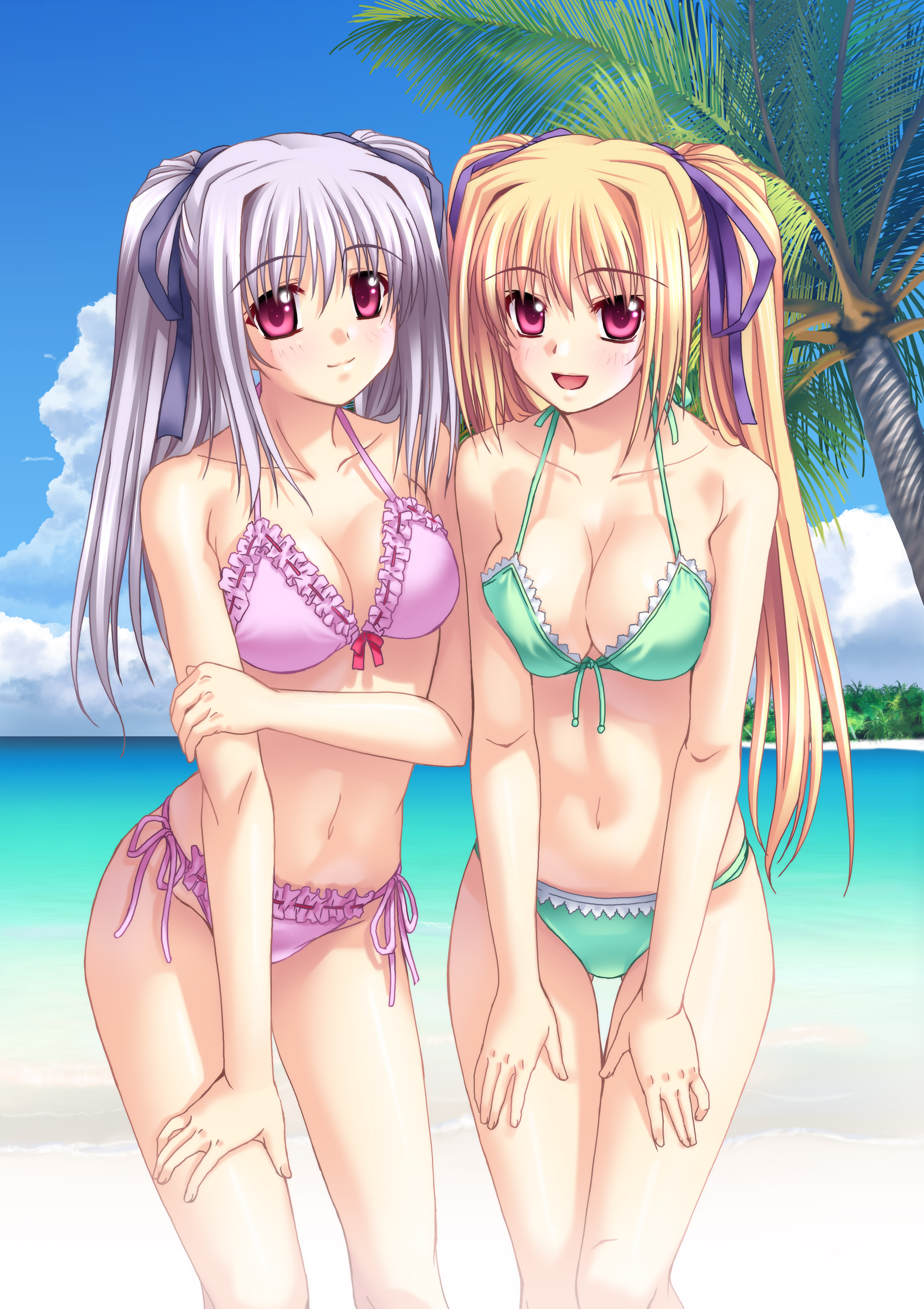 kannatsuki noboru, yugiri perserte, yugiri princesca, shinkyoku soukai polyphonica, light purple hair, silver hair, absurdres, highres, 00s, 2girls, beach, bikini, blonde hair, breasts, cleavage, cloud, day, frilled bikini, frills, front-tie top, hair ribbon, large breasts, midriff, multiple girls, outdoors, pink eyes, purple eyes, ribbon, siblings, side-tie bikini bottom, sisters, sky, smile, swimsuit, tree, twins, twintails