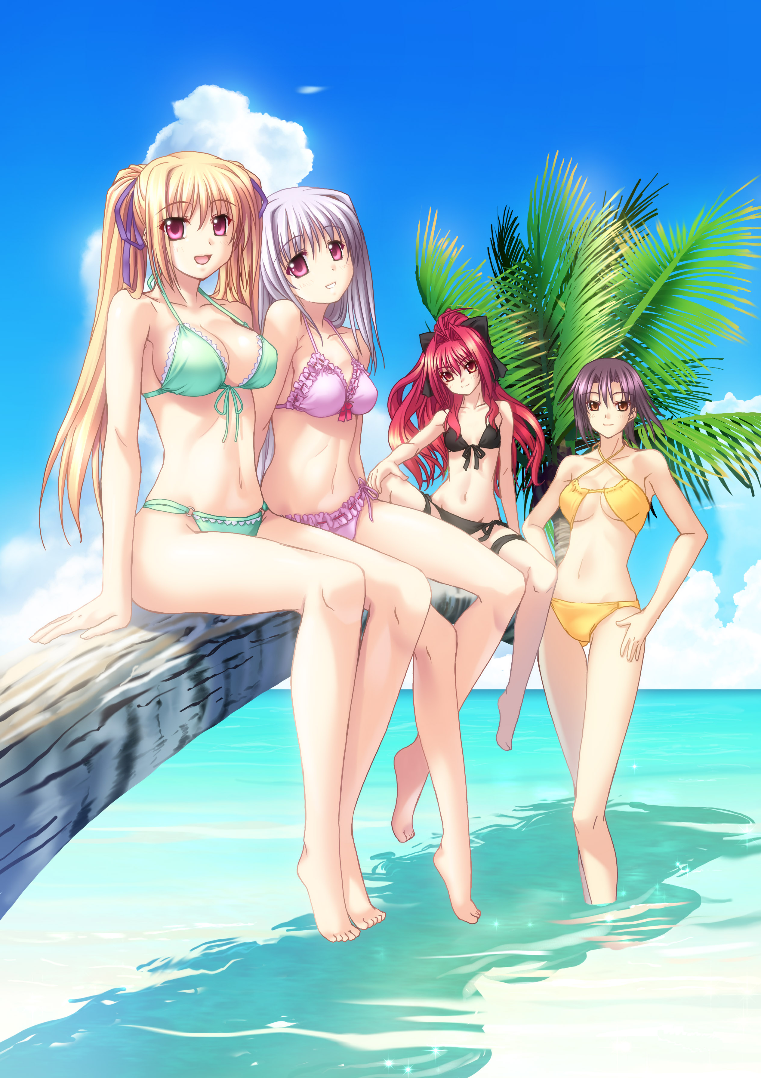 kannatsuki noboru, corticarte apa lagranges, tsuge eufinley, yugiri perserte, yugiri princesca, shinkyoku soukai polyphonica, light purple hair, silver hair, absurdres, highres, official art, 00s, 4girls, :d, ahoge, barefoot, beach, bikini, blonde hair, breasts, brown eyes, cleavage, cloud, day, feet, flat chest, frilled bikini, frilled thigh strap, frills, front-tie top, hair intakes, hair ribbon, hands on own hips, head tilt, in tree, large breasts, legs, lineup, long hair, long legs, multiple girls, open mouth, orange eyes, outdoors, palm tree, pink eyes, ponytail, purple eyes, purple hair, red eyes, red hair, ribbon, shadow, siblings, side-tie bikini bottom, sideboob, sisters, sitting, sitting in tree, sky, smile, spread legs, standing, straddling, swimsuit, thigh gap, thigh strap, tree, twins, twintails, underboob, wading, water