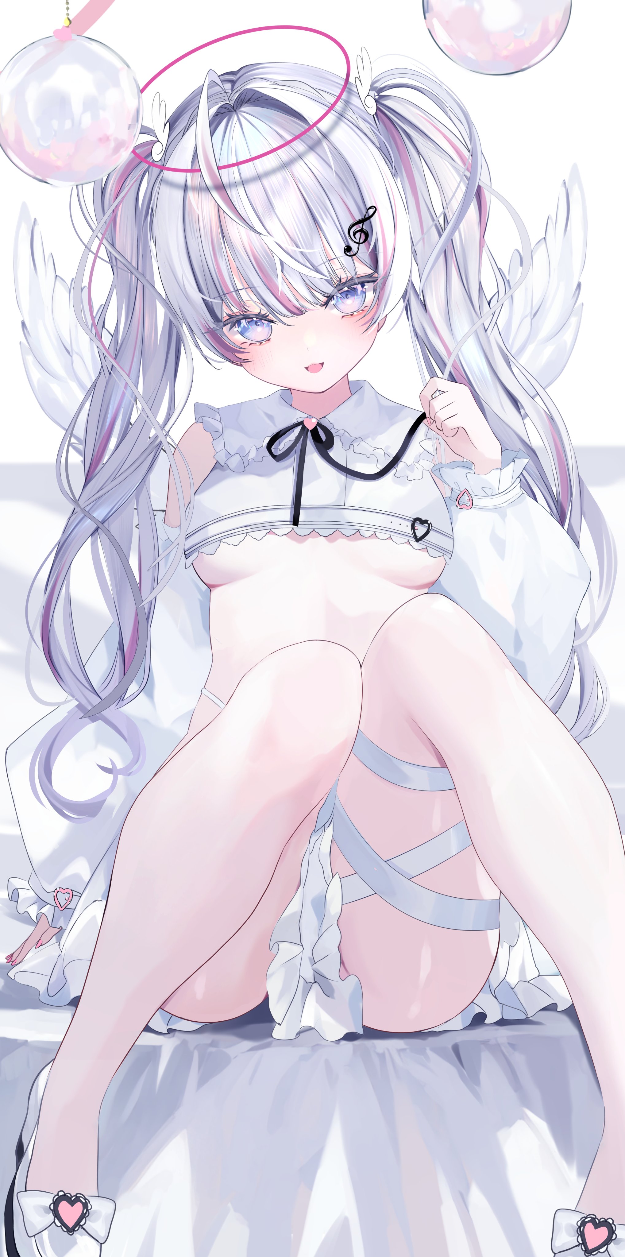 moemoepiano, original, absurdres, highres, 1girl, angel wings, black ribbon, blue eyes, blush, breasts, crop top, detached sleeves, frills, grey hair, long hair, looking at viewer, multicolored hair, neck ribbon, one eye closed, open mouth, ribbon, shirt, sitting, small breasts, smile, solo, streaked hair, twintails, underboob, white hair, white shirt, white wings, wings