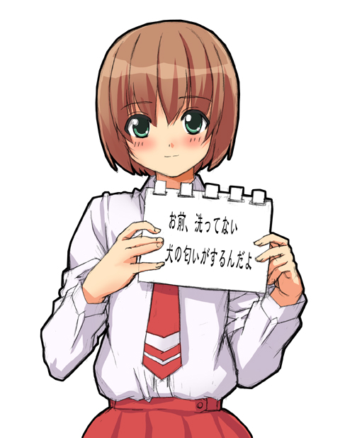 date (senpen), yasuoka shion, shion no ou, translated, 00s, 1girl, aqua eyes, blouse, brown hair, collared shirt, female focus, holding, holding sign, shirt, sign, simple background, solo, white background, white shirt