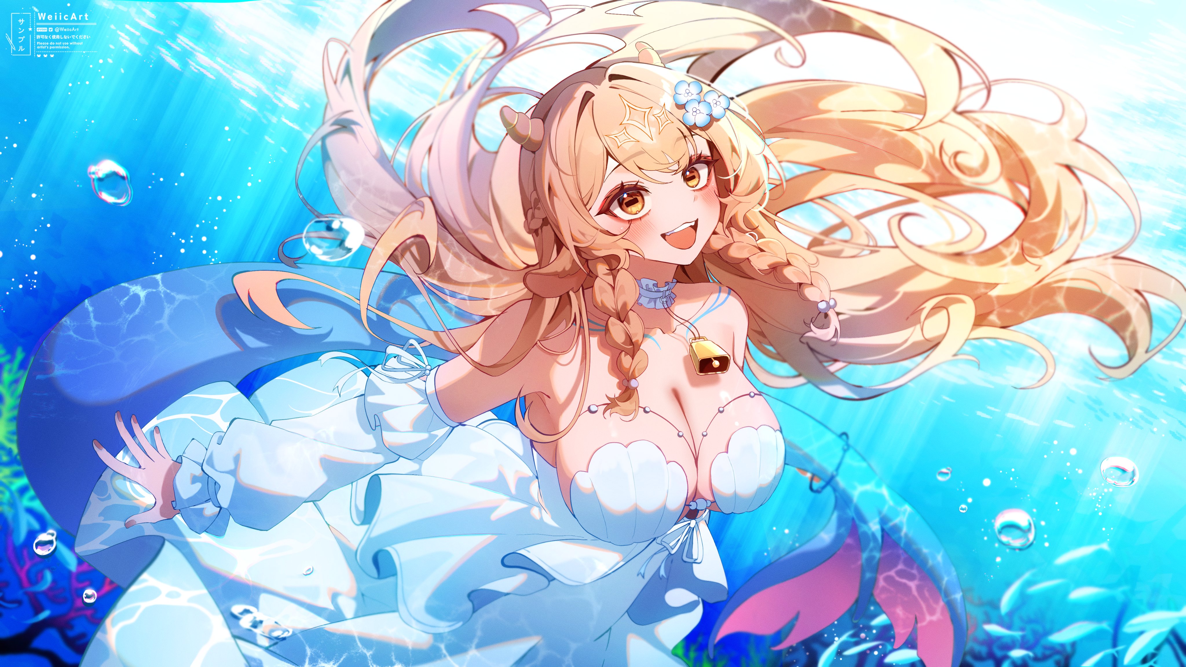 weiic, yuchi (vtuber), indie virtual youtuber, absurdres, commission, highres, skeb commission, 1girl, animal ears, bell, blue flower, braid, breasts, brown eyes, brown hair, bubble, cleavage, collarbone, detached sleeves, dress, fish, flower, goat ears, goat girl, hair flower, hair ornament, horizontal pupils, long hair, mermaid, monster girl, neck bell, open mouth, smile, solo, underwater, virtual youtuber, white dress, white sleeves