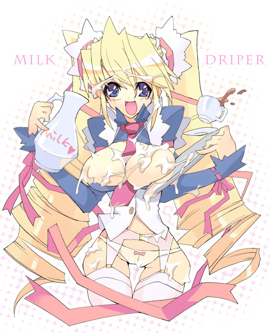 phase shift, 1girl, breasts, female focus, huge breasts, maid, milk, panties, solo, suggestive fluid, twintails, underwear