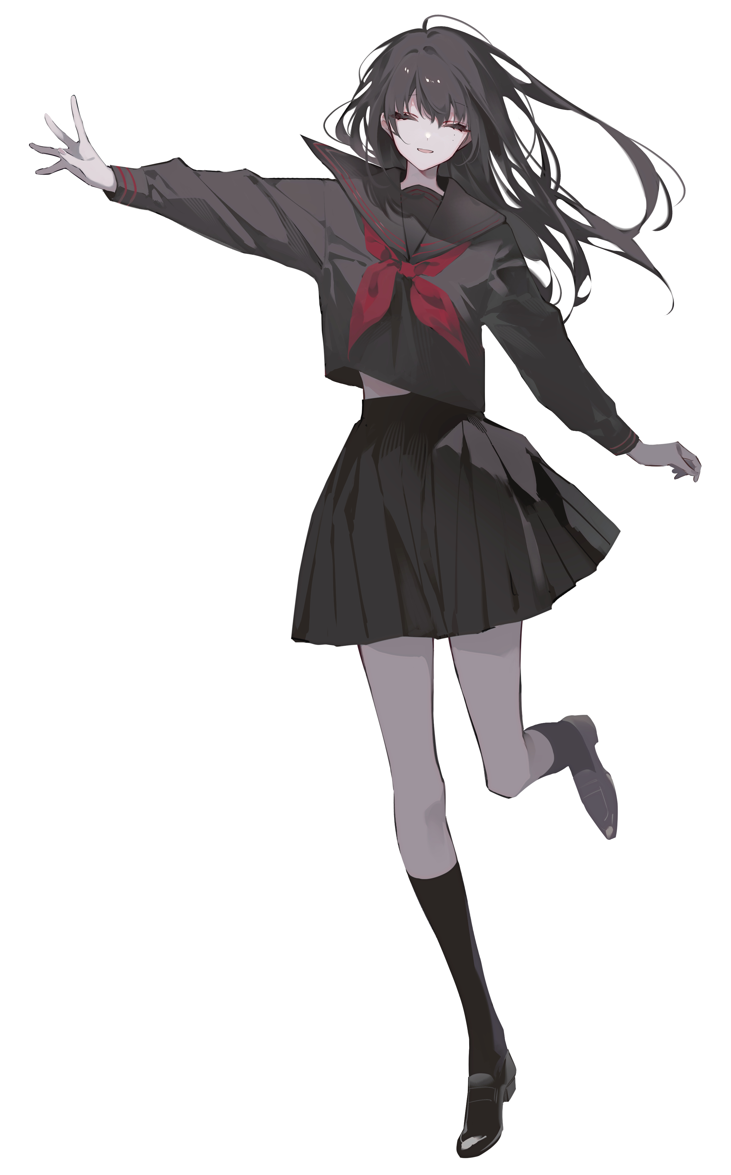 shiozaki shino, original, absurdres, highres, 1girl, black hair, black sailor collar, black serafuku, black shoes, black skirt, black socks, closed eyes, full body, long hair, neckerchief, red neckerchief, sailor collar, school uniform, serafuku, shoes, simple background, skirt, socks, solo, standing, white background