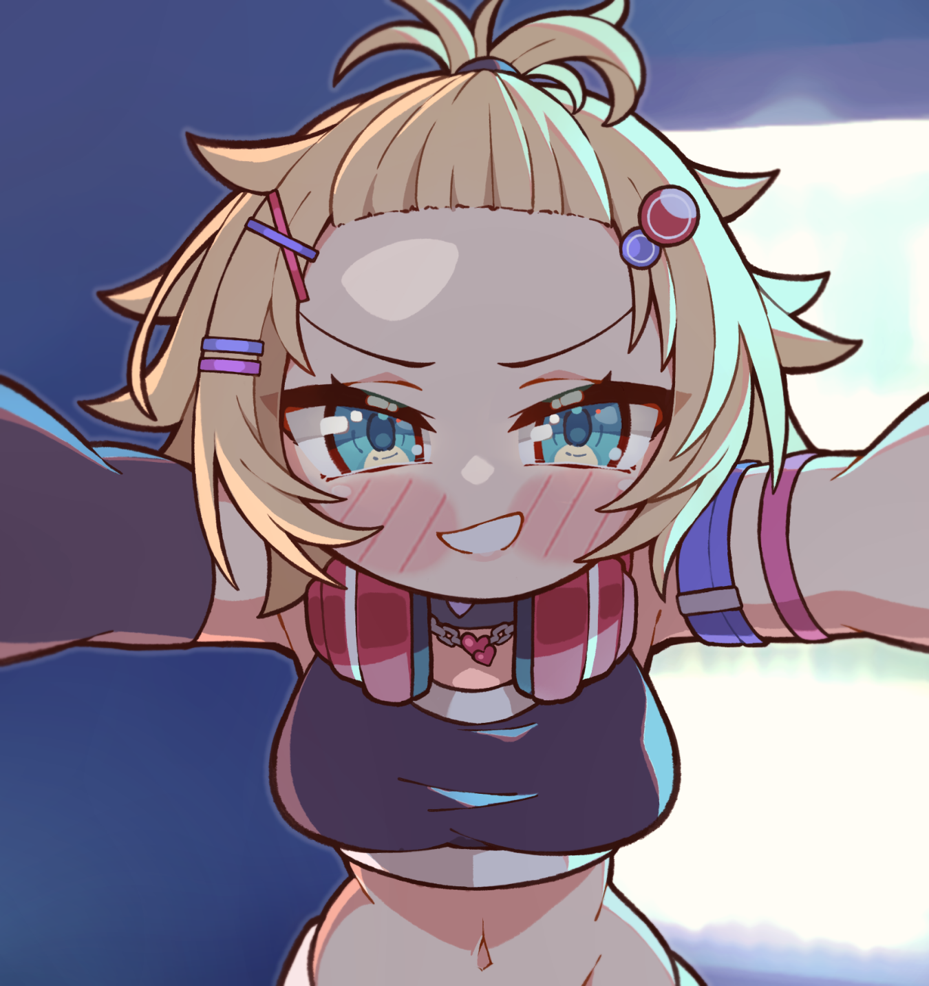 kukie-nyan, akai haato, akai haato (8th costume), hololive, commentary, highres, aqua eyes, black sports bra, blonde hair, blush, blush stickers, breasts, eyelashes, forehead, hair ornament, hairclip, headphones, headphones around neck, heart, kabedon on viewer, navel, official alternate costume, outstretched arms, pov, smile, sports bra, stomach, upper body, v-shaped eyebrows, virtual youtuber