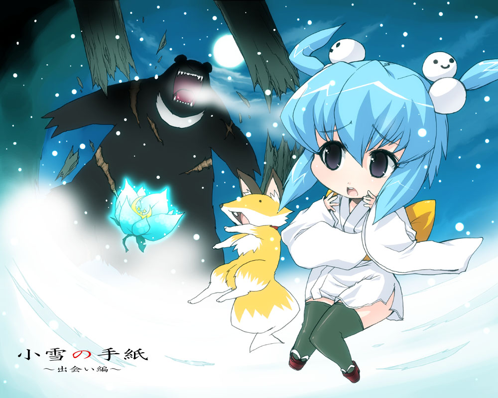 onija tarou, tagme, bear, blue hair, fox, solo, thighhighs, twintails