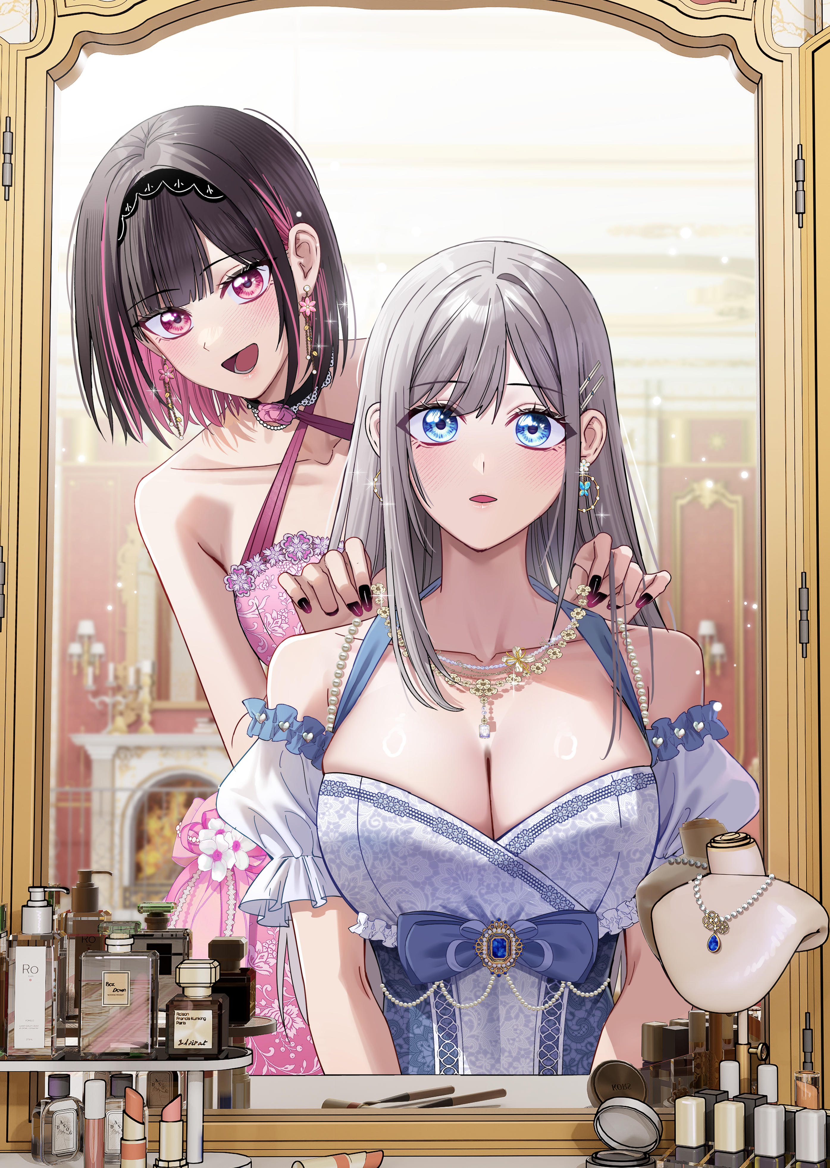 jovei, saotome shino (shino to ren), shirayuki ren, shino to ren, absurdres, chinese commentary, commentary request, highres, 2girls, black hair, black hairband, black nails, blue dress, blue hair, blush, breasts, cleavage, detached sleeves, dress, earrings, gradient nails, hairband, jewelry, large breasts, long hair, makeup, mirror, multiple girls, nail polish, necklace, open mouth, pink dress, pink eyes, sidelocks, sleeveless, sleeveless dress