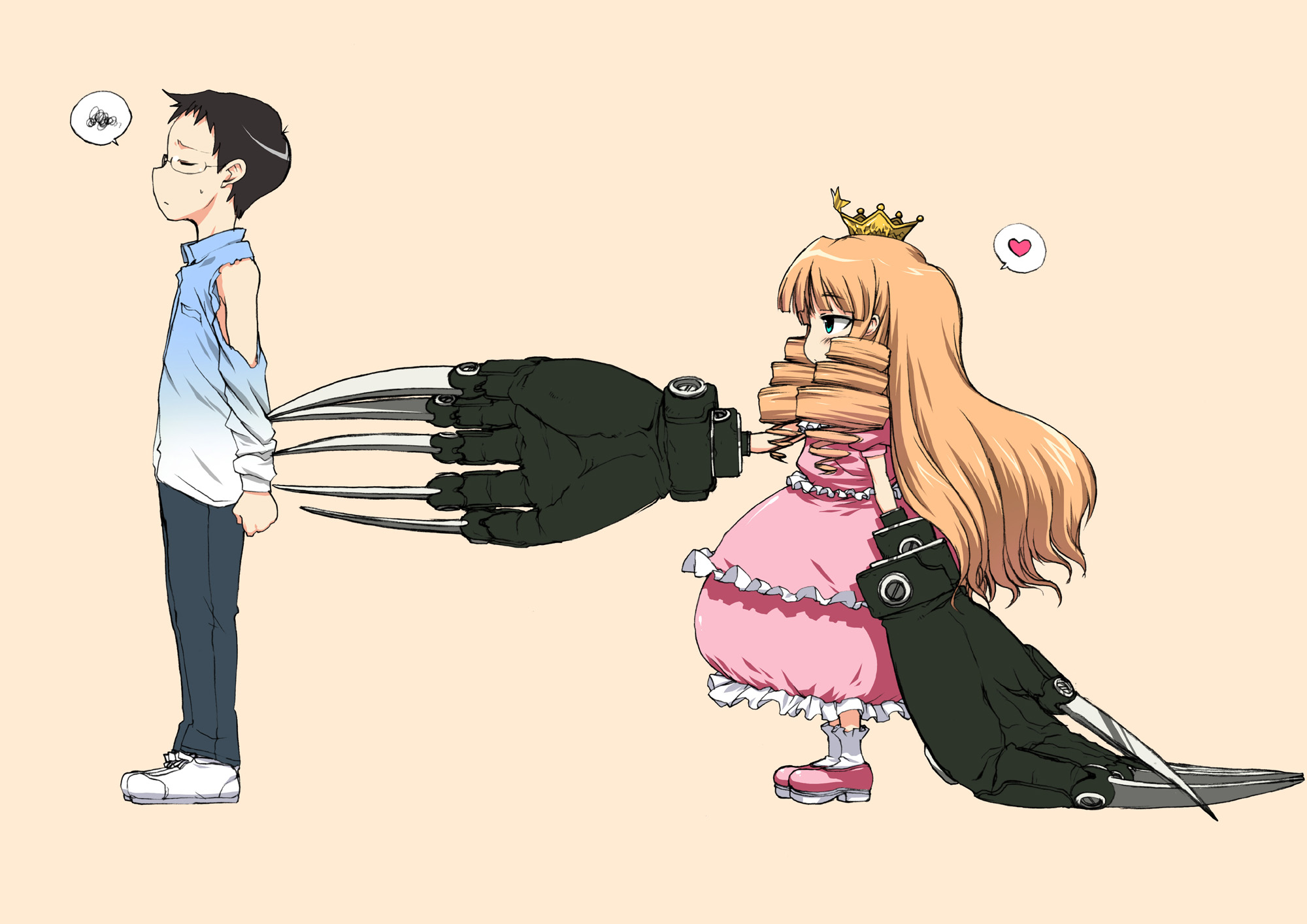 onija tarou, highres, 1boy, 1girl, claws, crown, drill hair, heart, princess, what