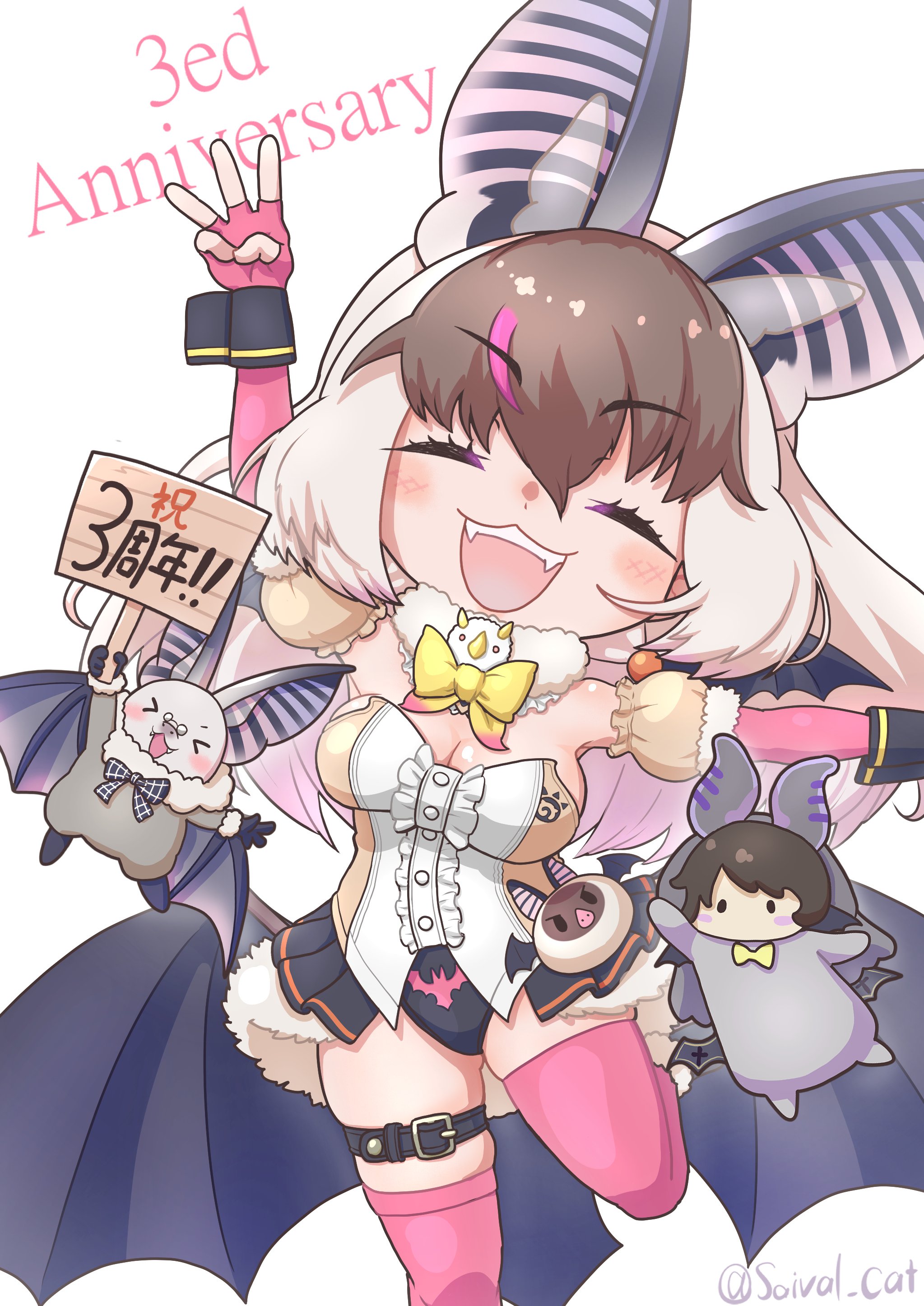 saival cat, brown long-eared bat (kemono friends), poporu (kemono friends), kemono friends, kemono friends v project, absurdres, highres, 1girl, animal, animal ears, anniversary, bat (animal), bat ears, bat girl, bat wings, belt, bow, bowtie, brown hair, closed eyes, elbow gloves, extra ears, fingerless gloves, glasses, gloves, grey hair, leotard, long hair, looking at viewer, microphone, multicolored hair, simple background, skirt, streaked hair, thighhighs, virtual youtuber, wings