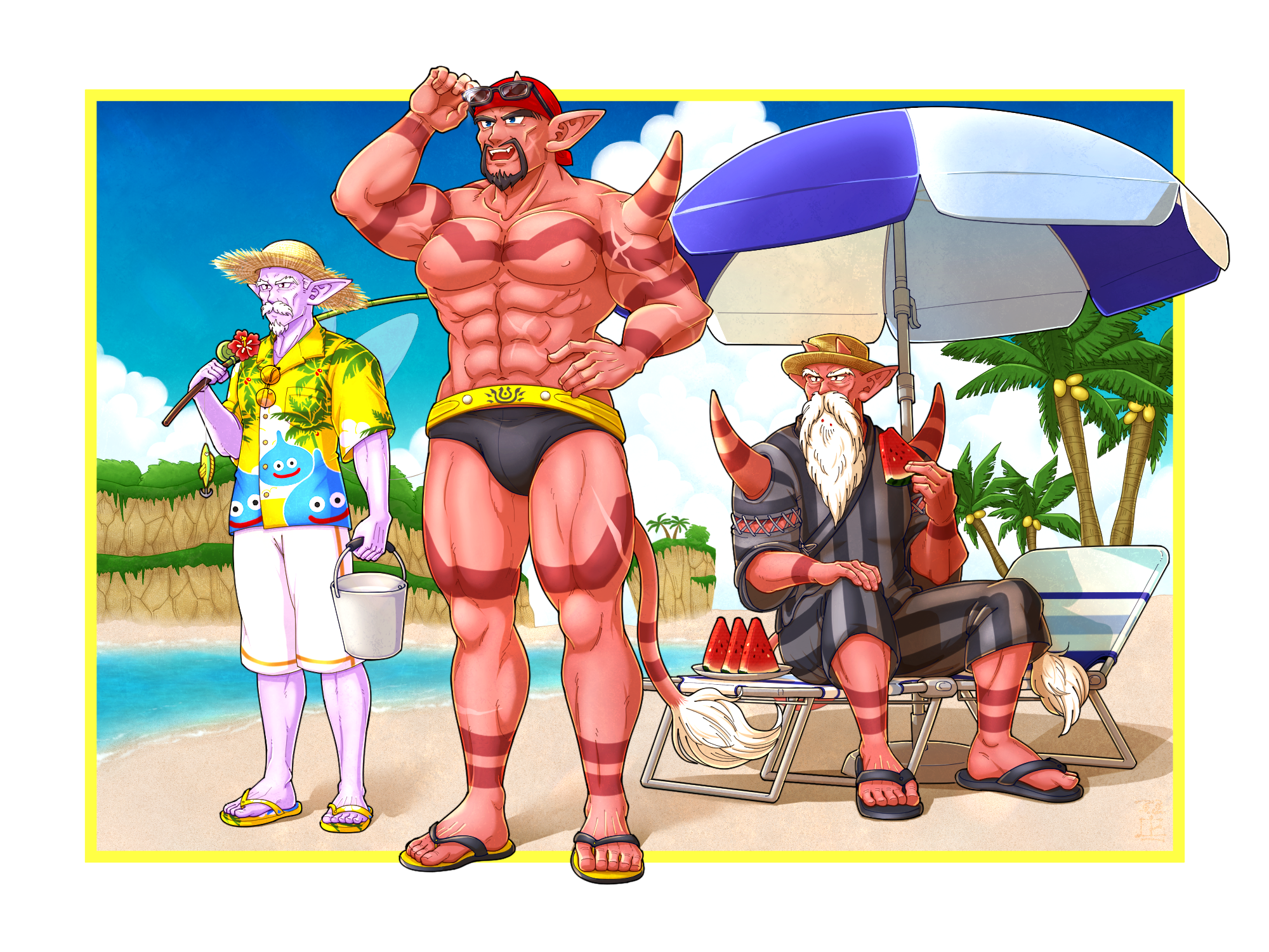 slime (dragon quest), dragon quest, dragon quest x, commentary request, highres, 3boys, :d, abs, bandana, beach, beach chair, beach umbrella, beard, black eyes, black facial hair, black male swimwear, blue eyes, blue sky, body markings, border, bucket, chair, cheekbones, cloud, colored skin, cross scar, facial hair, fairy wings, fishing rod, flower, food, fruit, hat, hibiscus, holding, holding bucket, holding fishing rod, holding food, holding fruit, holding watermelon, isana ue (n2nomad), japanese clothes, jinbei (clothes), king bagudo, king grosuna, looking ahead, looking up, male focus, male swimwear, mature male, multiple boys, muscular, muscular male, navel, nikoroi (dq10), nipples, old, old man, on chair, open mouth, outdoors, pointy ears, print shirt, purple skin, red bandana, red flower, red skin, sandals, scar, scar on leg, scar on stomach, shirt, shoes, shorts, shoulder spikes, sitting, sky, smile, spikes, straw hat, striped clothes, swim briefs, tail, umbrella, water, watermelon, watermelon slice, white border, white facial hair, white hair, white shorts, wings, wrinkled skin, yellow shoes