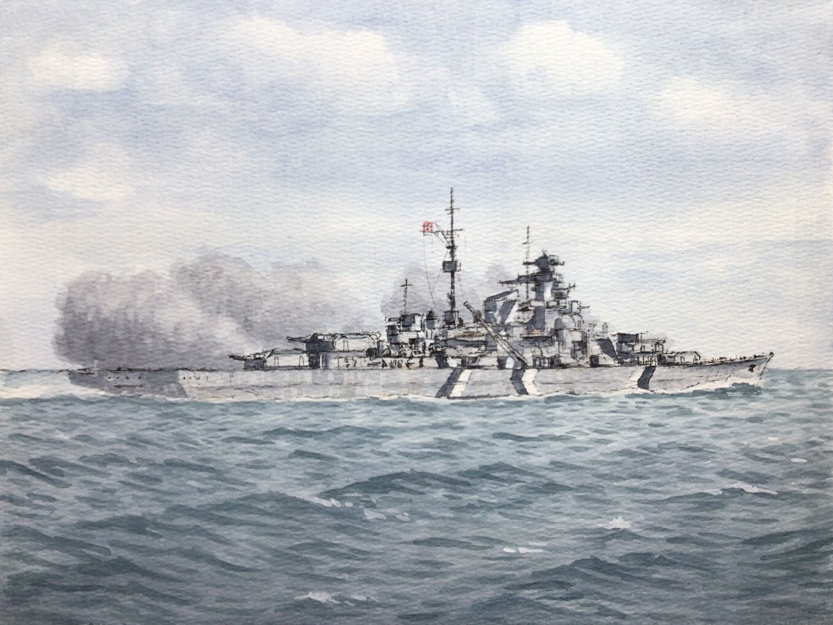 atelier bono, original, commentary request, highres, painting (medium), traditional media, watercolor (medium), battleship, bismarck (battleship), cannon, cloud, cloudy sky, firing, flag, kriegsmarine, mast, military, military vehicle, nazi war ensign, no humans, ocean, outdoors, sailing, ship, ship turret, sky, smoke, smokestack, vehicle focus, warship, watercraft, waves, world war ii