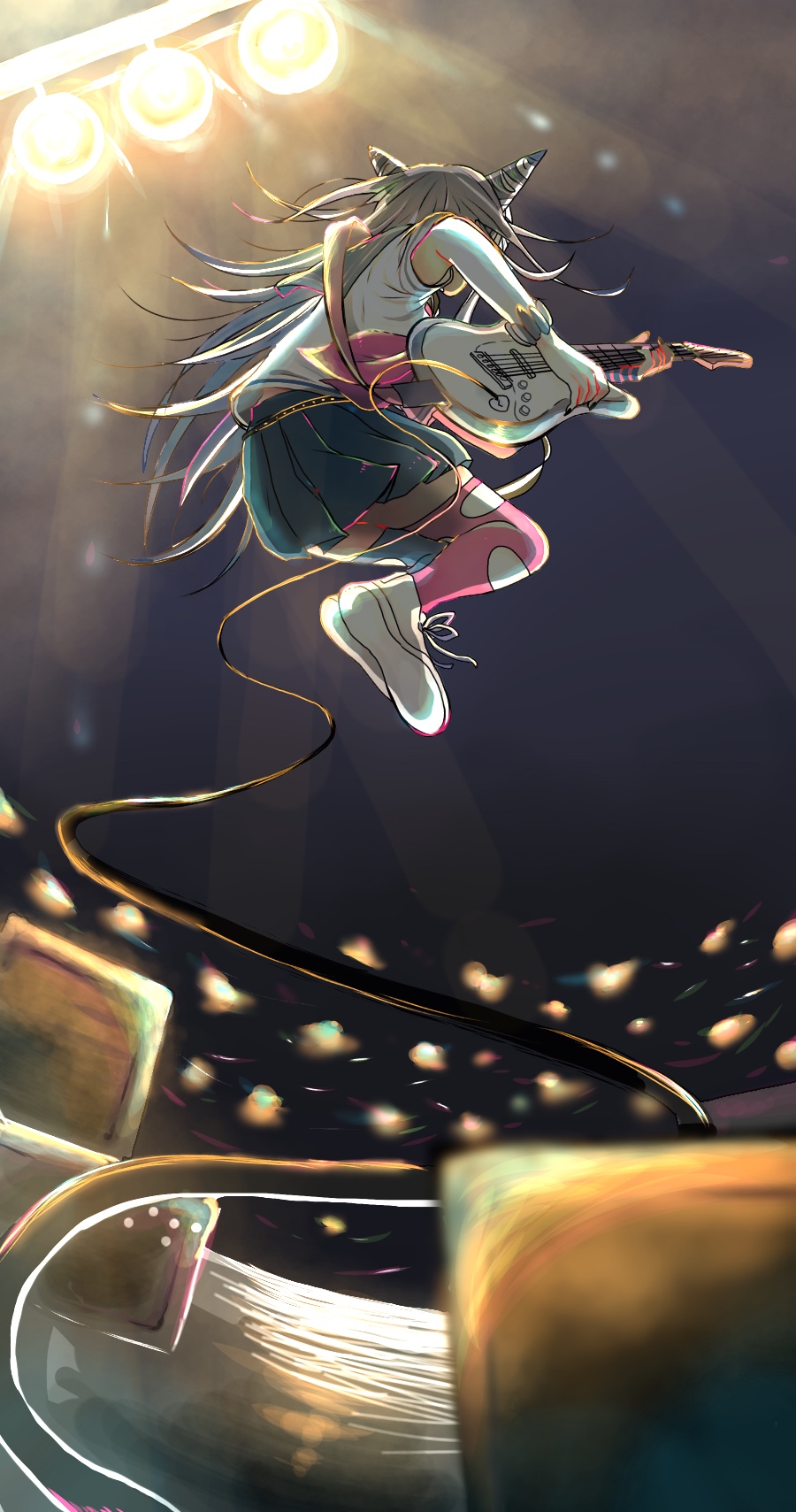 kiri (2htkz), mioda ibuki, danganronpa (series), danganronpa 2: goodbye despair, commentary request, highres, 1girl, black hair, black nails, blue skirt, blurry, cable, electric guitar, from behind, full body, guitar, hair horns, holding, holding guitar, holding instrument, instrument, jumping, midair, mismatched thighhighs, multicolored hair, nail polish, neckerchief, pink neckerchief, shirt, shoelaces, shoes, short sleeves, skirt, solo, thighhighs, torn clothes, torn thighhighs, white hair, white shirt, white shoes