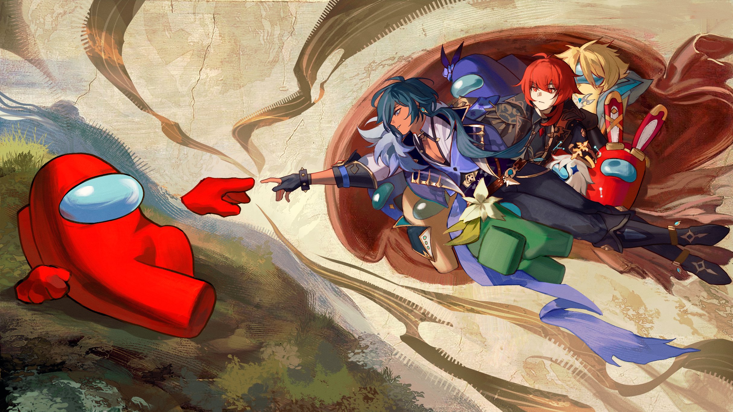 srro yo, black (among us), blue (among us), crewmate (among us), diluc (genshin impact), green (among us), kaeya (genshin impact), paimon (genshin impact), red (among us), among us, genshin impact, the creation of adam, commentary, english commentary, highres, 1other, 2boys, black gloves, black jacket, blue hair, cosplay, dark-skinned male, dark skin, fine art parody, full body, gloves, halo, jacket, long hair, looking at another, lying, male focus, multiple boys, on side, outstretched arms, paimon (genshin impact) (cosplay), parody, parted lips, ponytail, red eyes, red hair