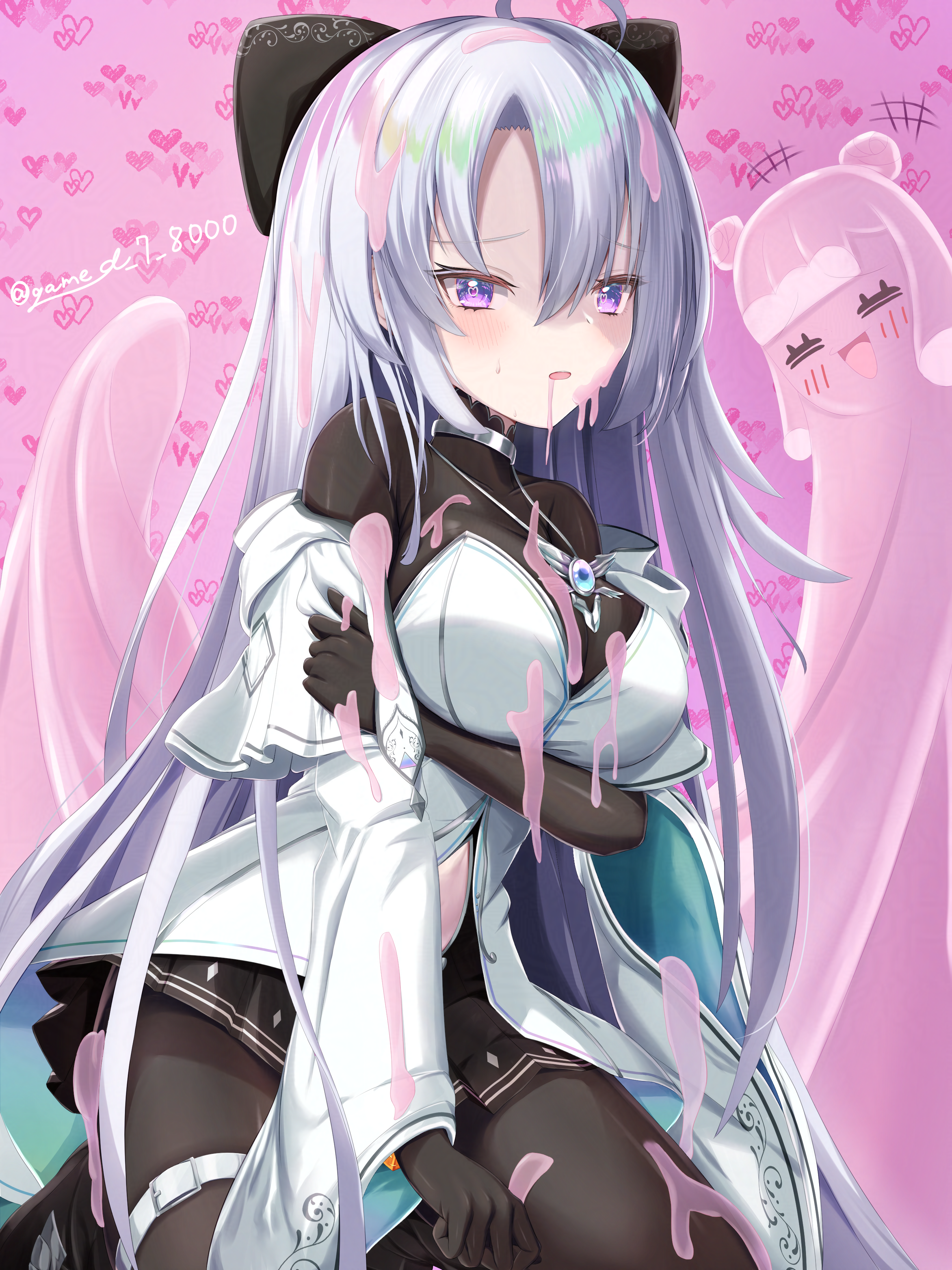 geimudou, kanon (duel masters), puniru (puniru wa kawaii slime), duel masters, duel masters play's, puniru wa kawaii slime, absurdres, highres, 1girl, 2girls, black bow, black leotard, blue eyes, blush, bow, breasts, closed eyes, hair bow, heart, heart-shaped pupils, kneeling, large breasts, leotard, long hair, looking at viewer, monster girl, multiple girls, slime (substance), slime girl, symbol-shaped pupils, twitter username