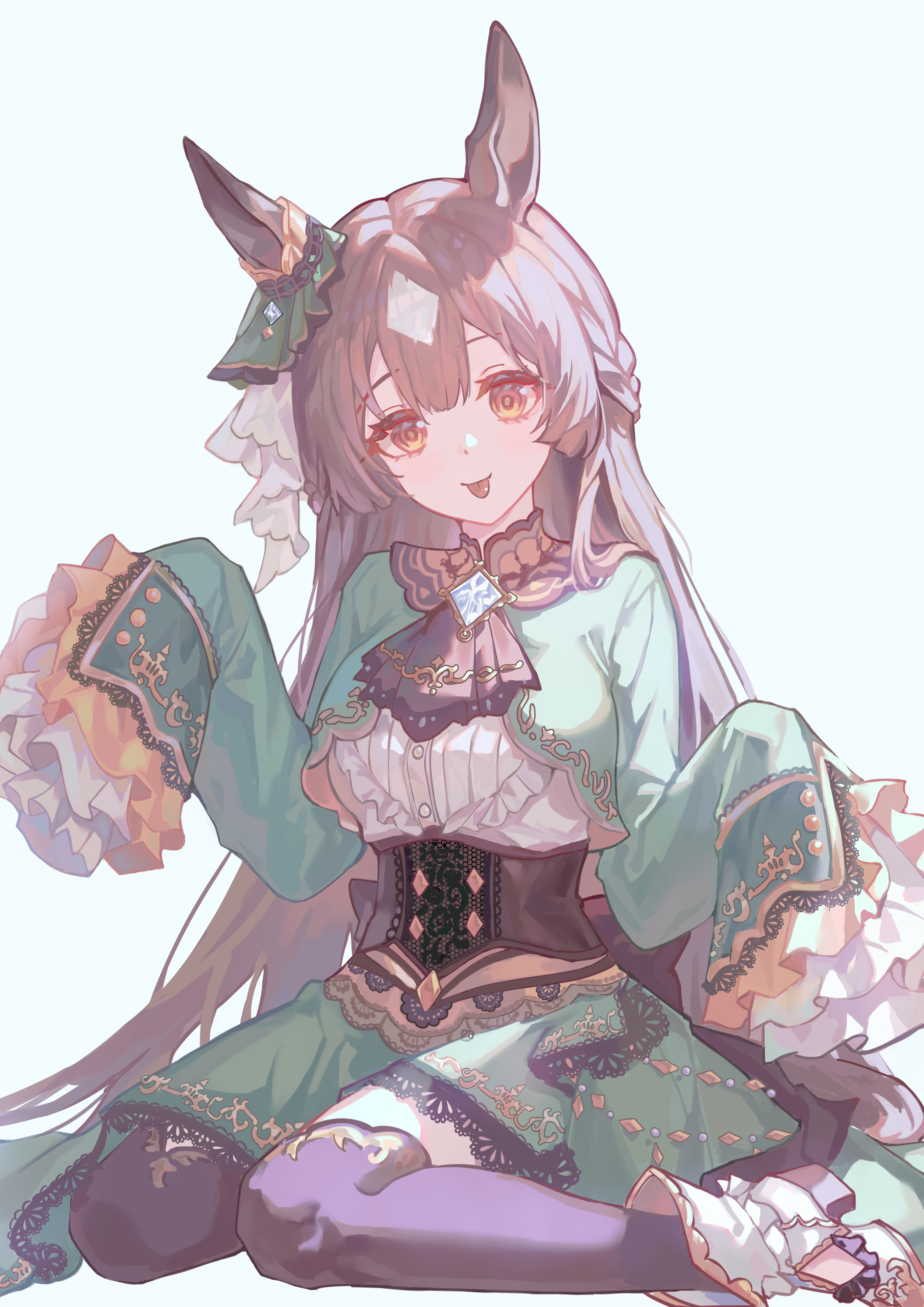 synzmayu, satono diamond (umamusume), umamusume, absurdres, highres, 1girl, :p, ascot, black ascot, black thighhighs, brown eyes, brown hair, center frills, diamond (shape), ear ornament, freaky satono diamond (meme), frilled sleeves, frills, green jacket, green skirt, hands up, horse girl, jacket, long hair, looking at viewer, meme, shirt, simple background, sitting, skirt, sleeves past fingers, sleeves past wrists, smile, solo, thighhighs, tongue, tongue out, wariza, white background, white shirt, white streaks